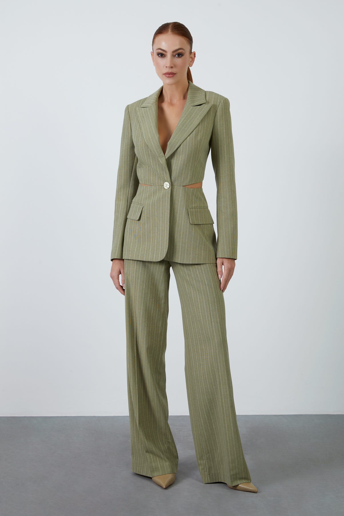 Bel Pencereli Palazzo Pantolonlu Haki Takım