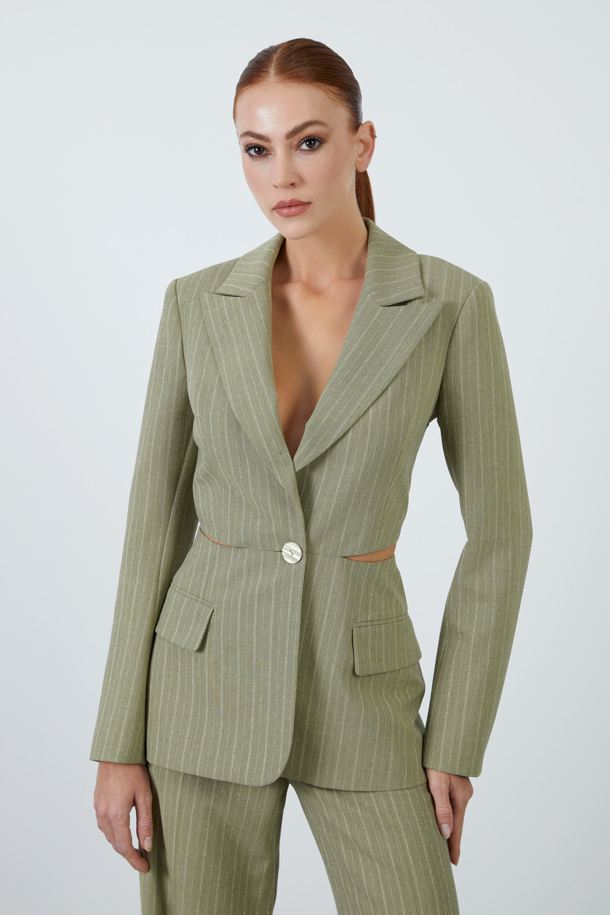 Bel Pencereli Palazzo Pantolonlu Haki Takım