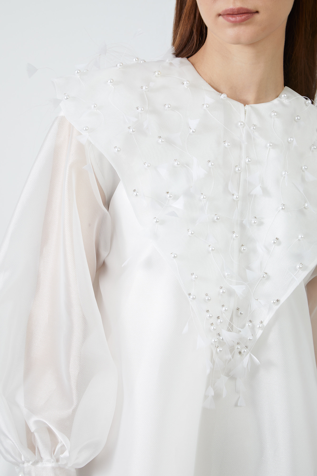 Kolları Tül Önü İşlemeli Ekru Kloş Mini Elbise