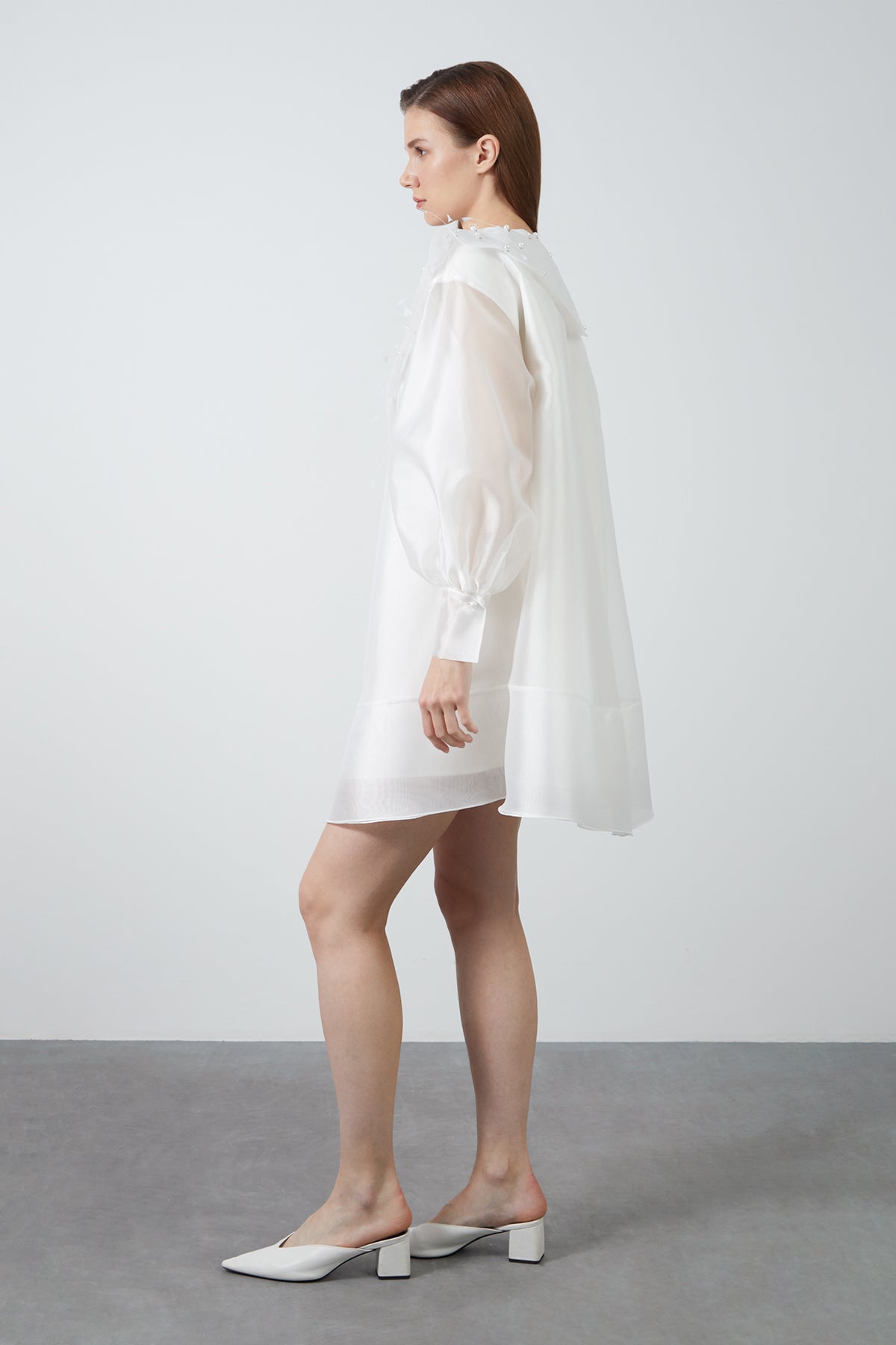 Kolları Tül Önü İşlemeli Ekru Kloş Mini Elbise