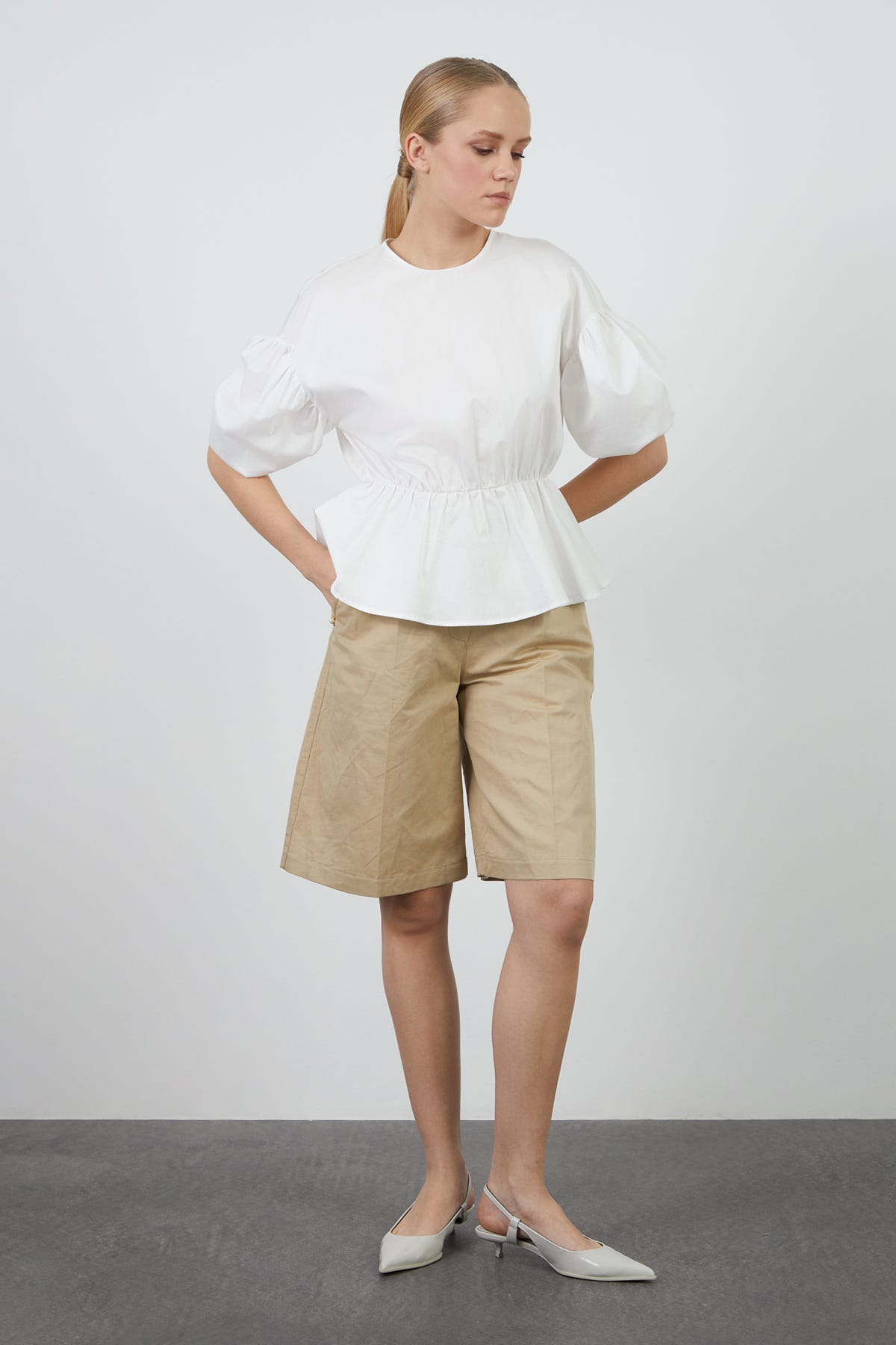 Karpuz Kol Detaylı Beli Büzgülü Poplin Bluz