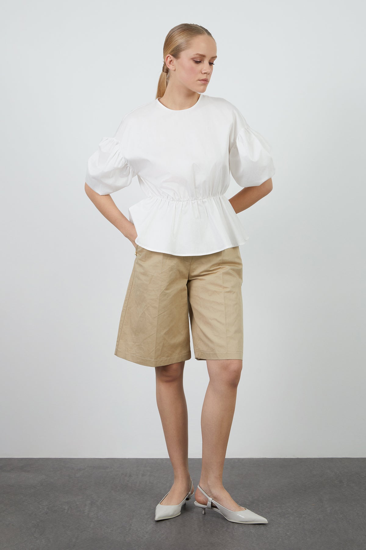 Karpuz Kol Detaylı Beli Büzgülü Poplin Bluz