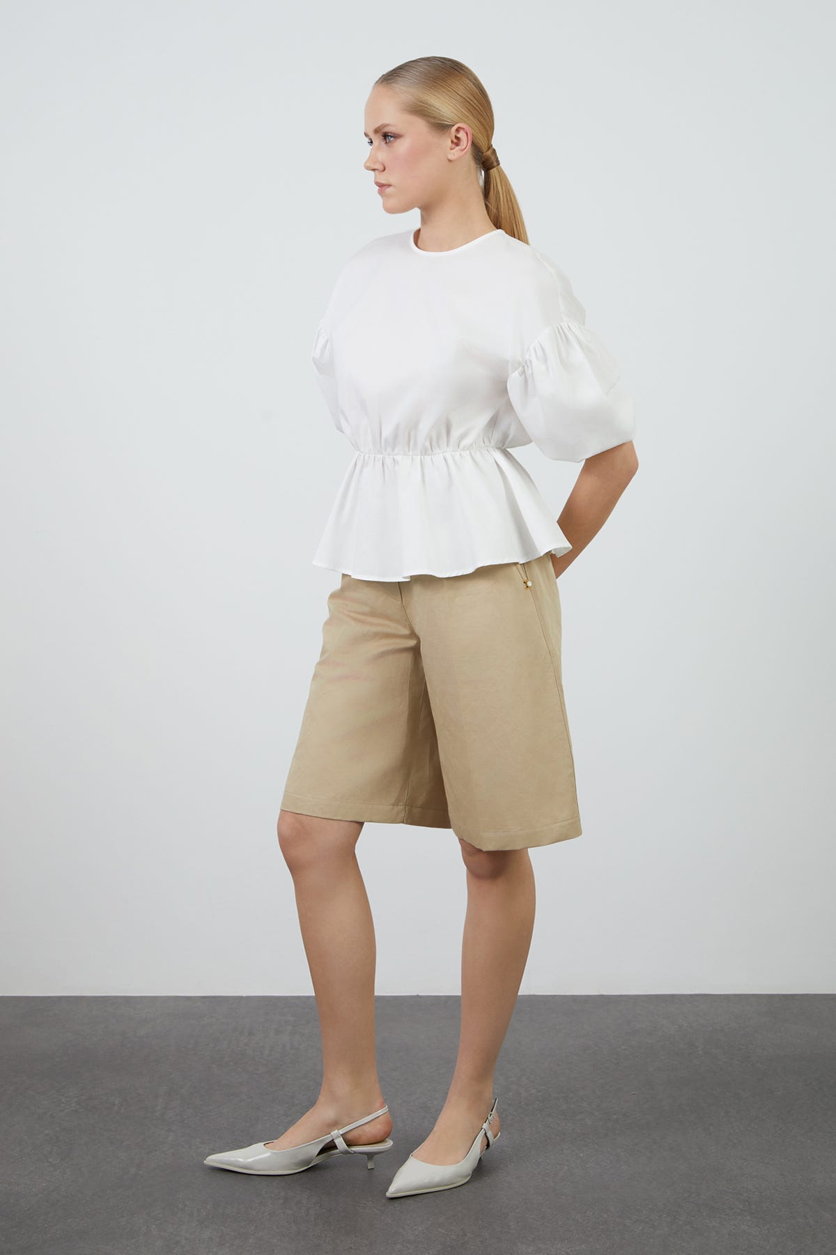 Karpuz Kol Detaylı Beli Büzgülü Poplin Bluz