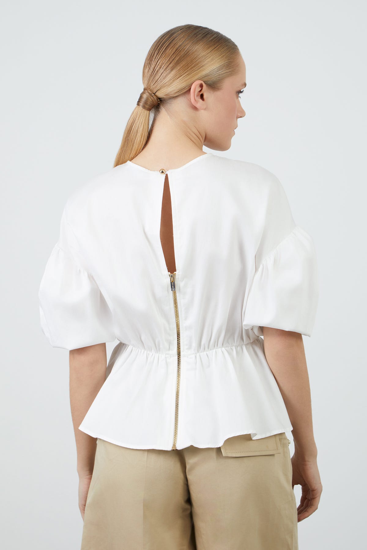 Karpuz Kol Detaylı Beli Büzgülü Poplin Bluz