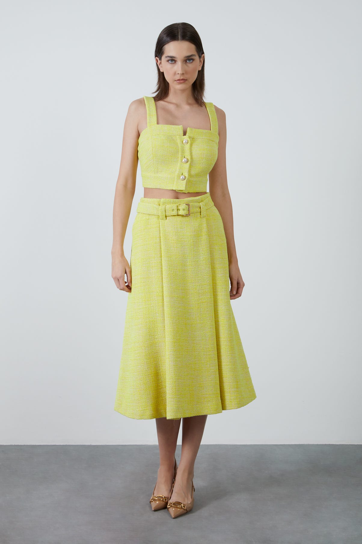 Kemerli Midi Tüvit Kumaş Etek