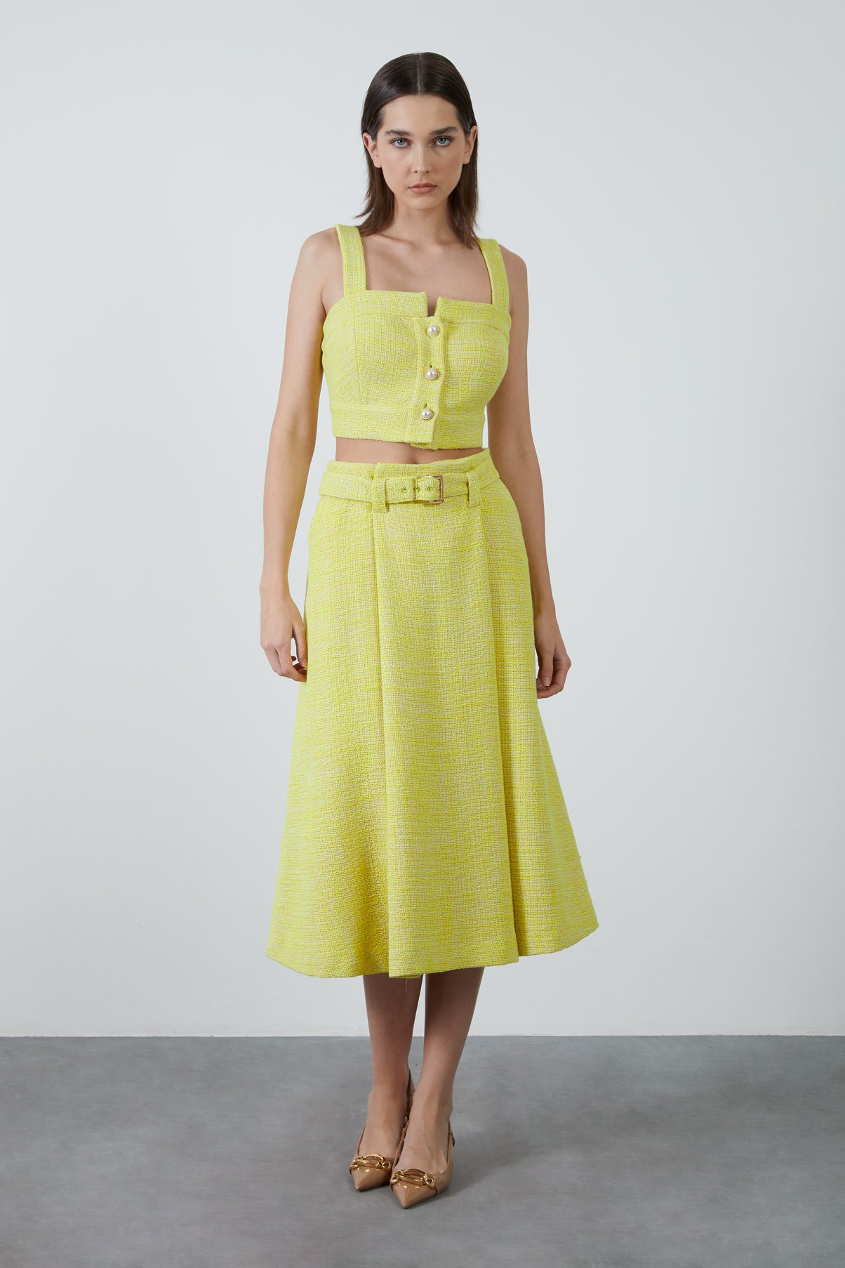 Kemerli Midi Tüvit Kumaş Etek