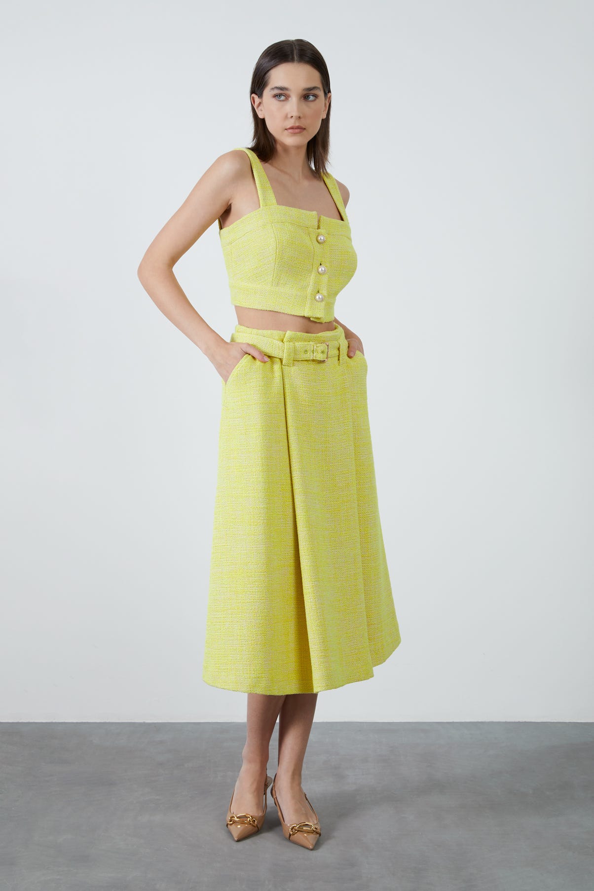 Kemerli Midi Tüvit Kumaş Etek