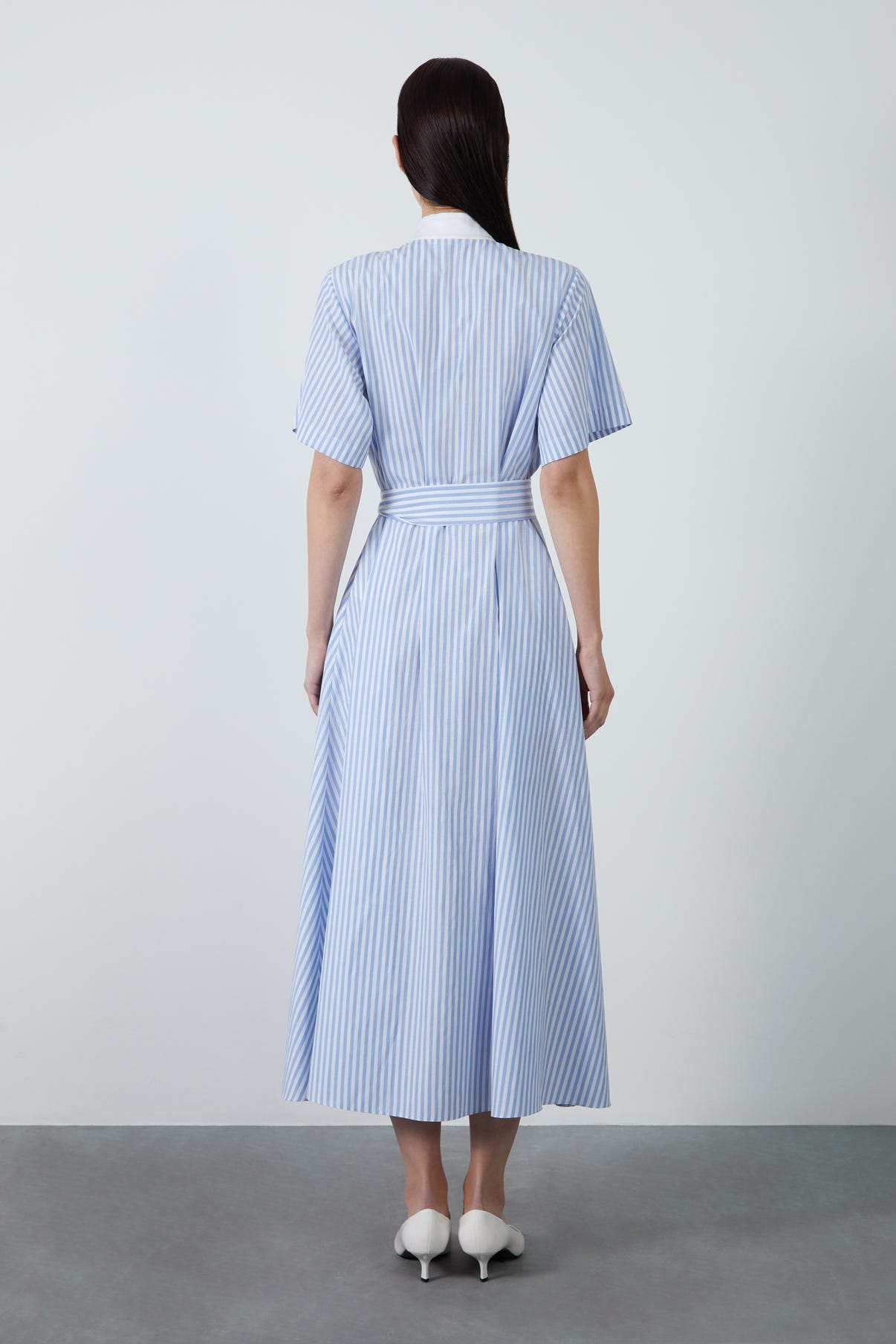 Seyyar Kuşaklı Çizgili Poplin Gömlek Maxi Elbise