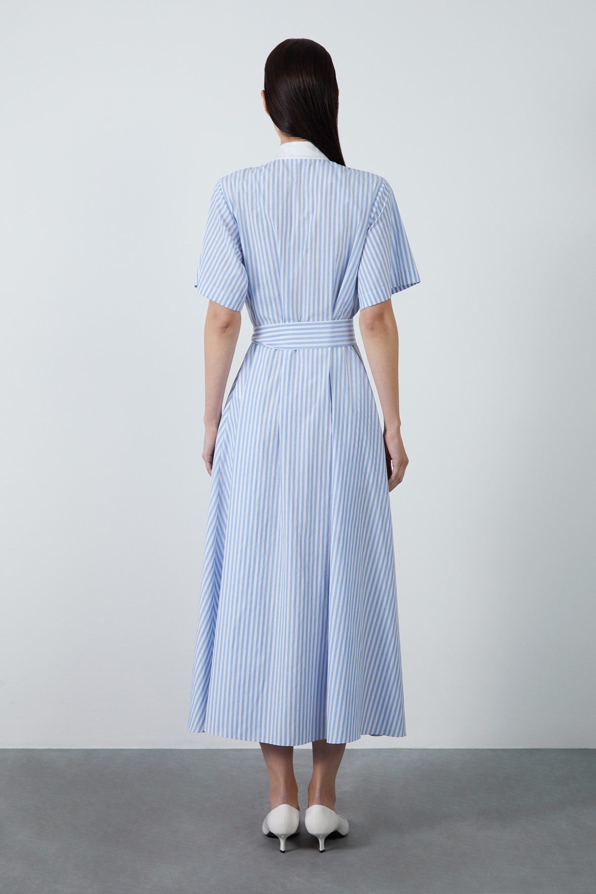 Seyyar Kuşaklı Çizgili Poplin Gömlek Maxi Elbise