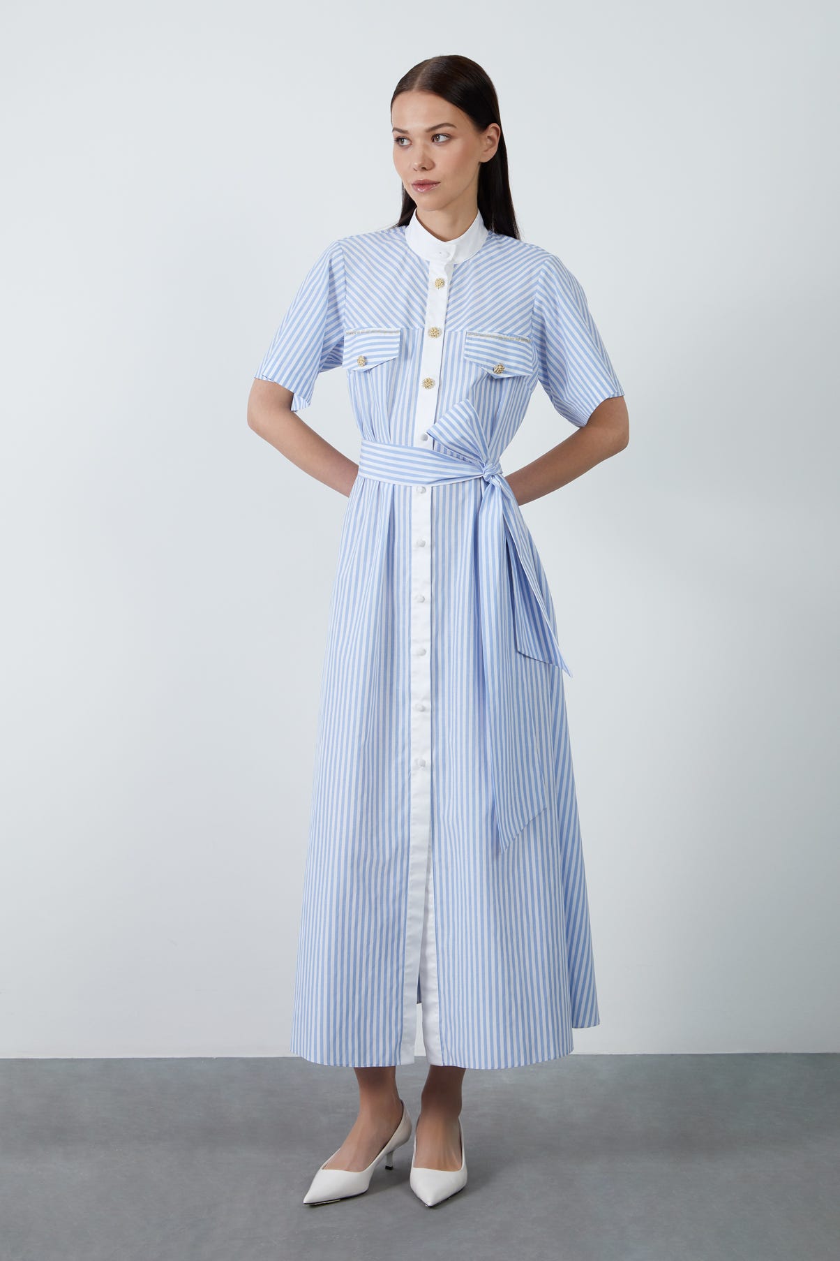 Seyyar Kuşaklı Çizgili Poplin Gömlek Maxi Elbise