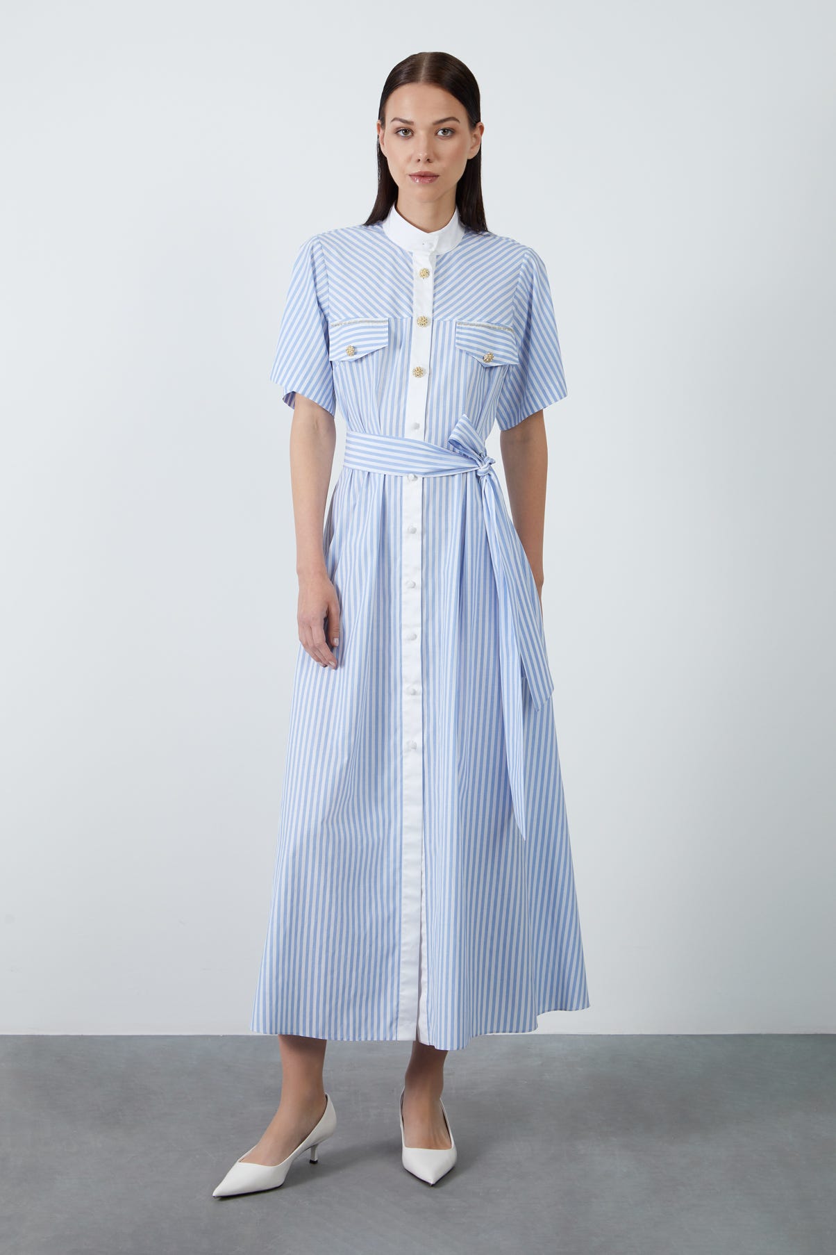 Seyyar Kuşaklı Çizgili Poplin Gömlek Maxi Elbise