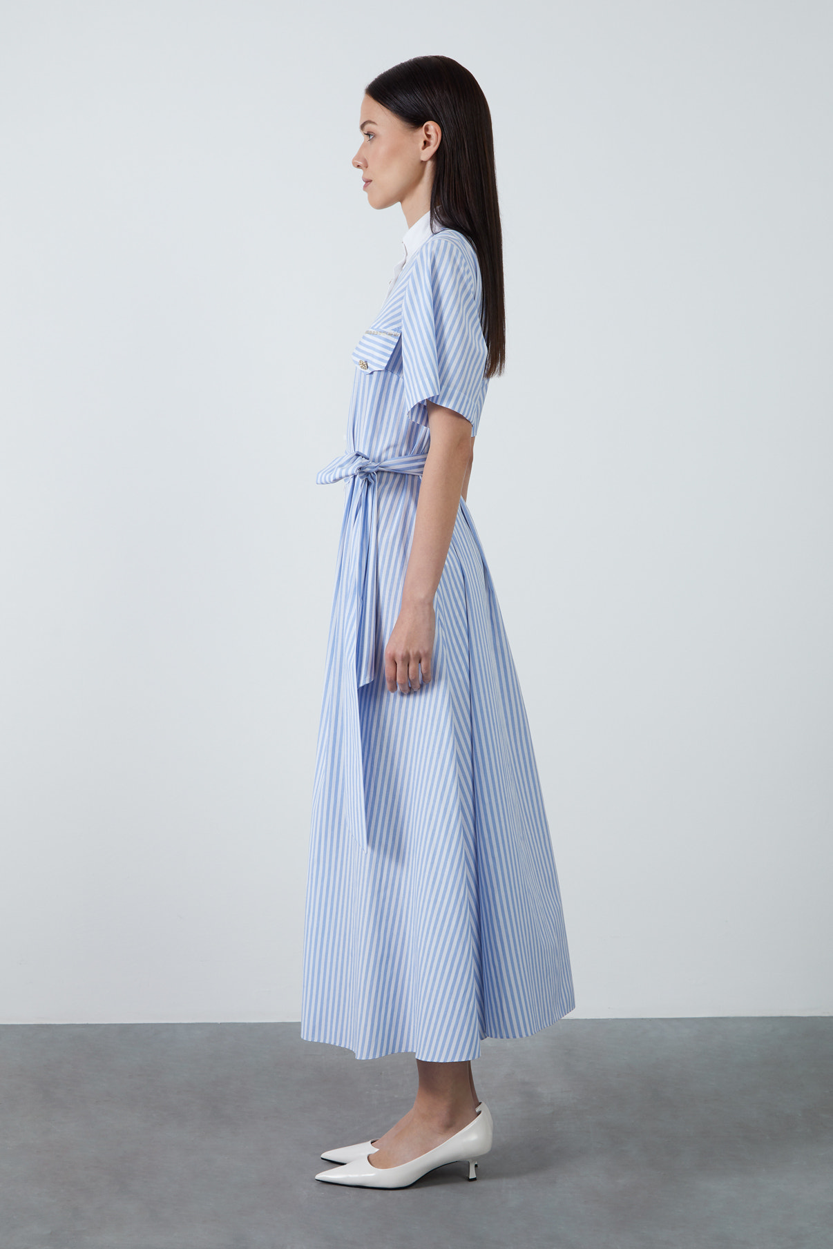 Seyyar Kuşaklı Çizgili Poplin Gömlek Maxi Elbise