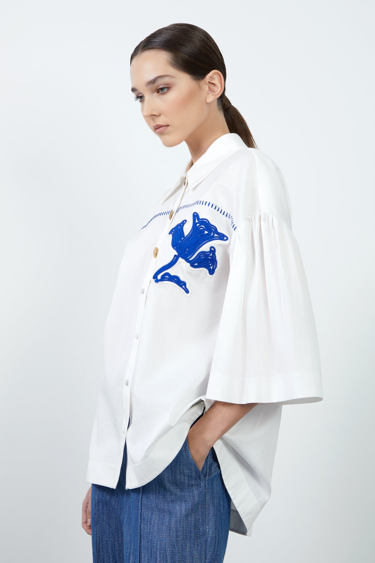 Dikiş Detaylı Nakışlı Poplin Gömlek