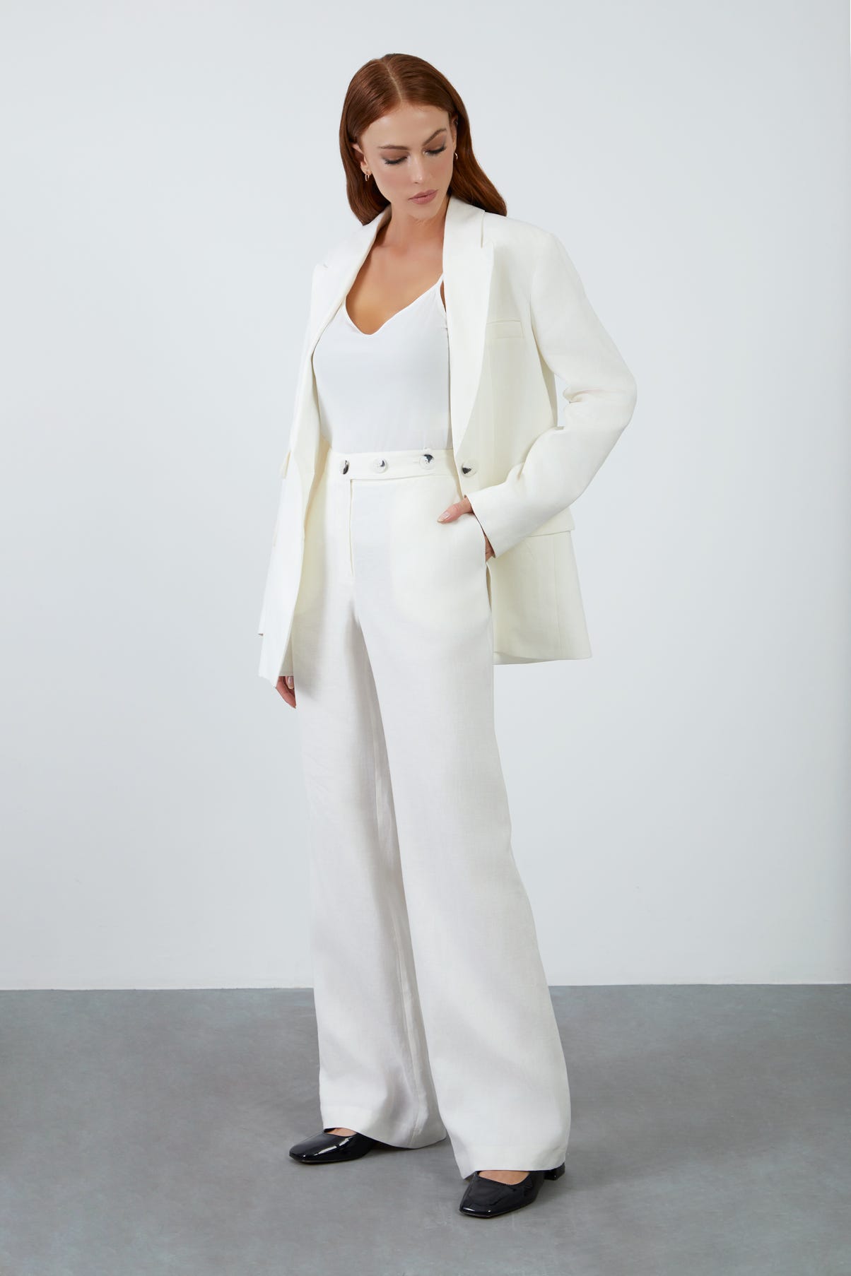 Tek Düğmeli Desenli Ceket Ve Palazzo Pantolonlu Takım