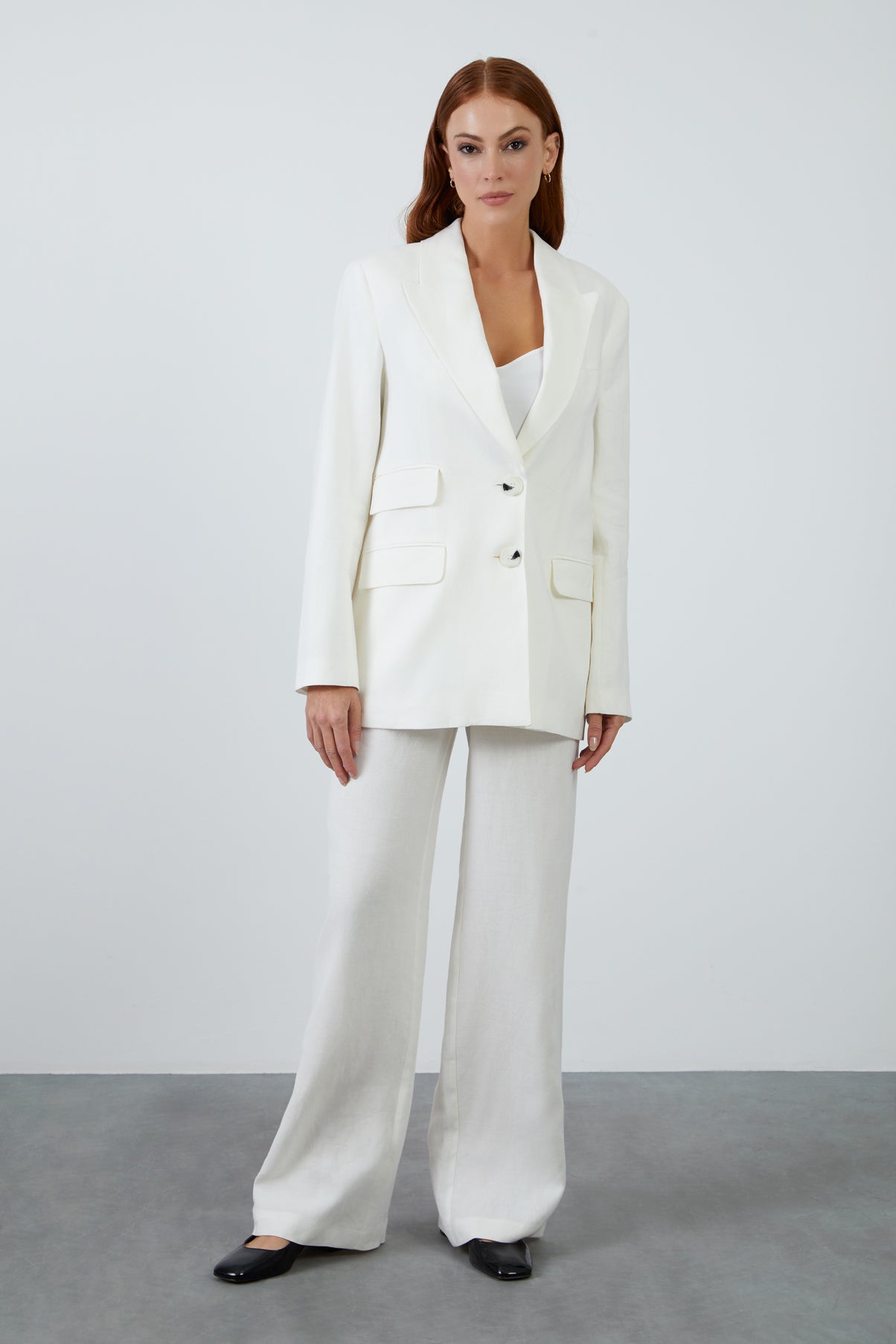 Tek Düğmeli Desenli Ceket Ve Palazzo Pantolonlu Takım