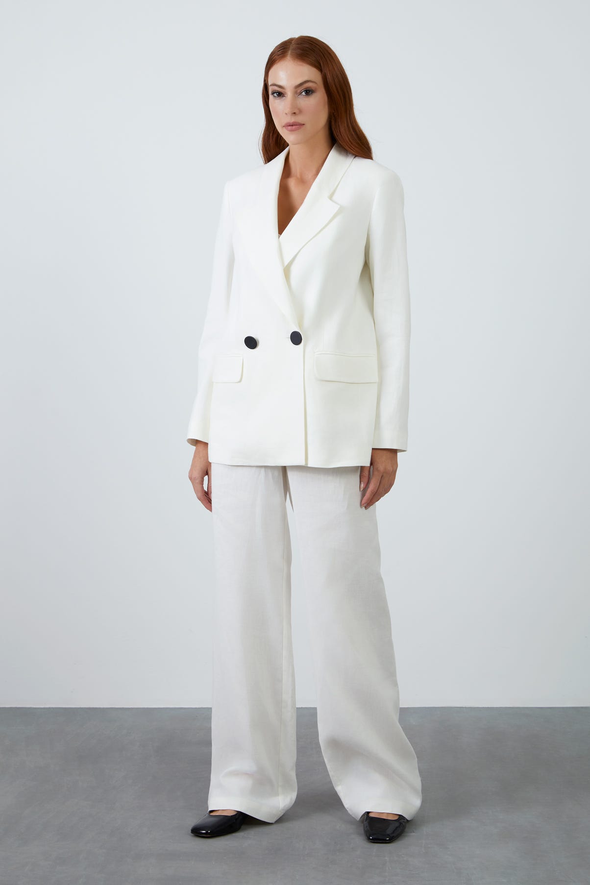 Kontrast Düğme Detaylı Ceket Ve Palazzo Pantolonlu Takım