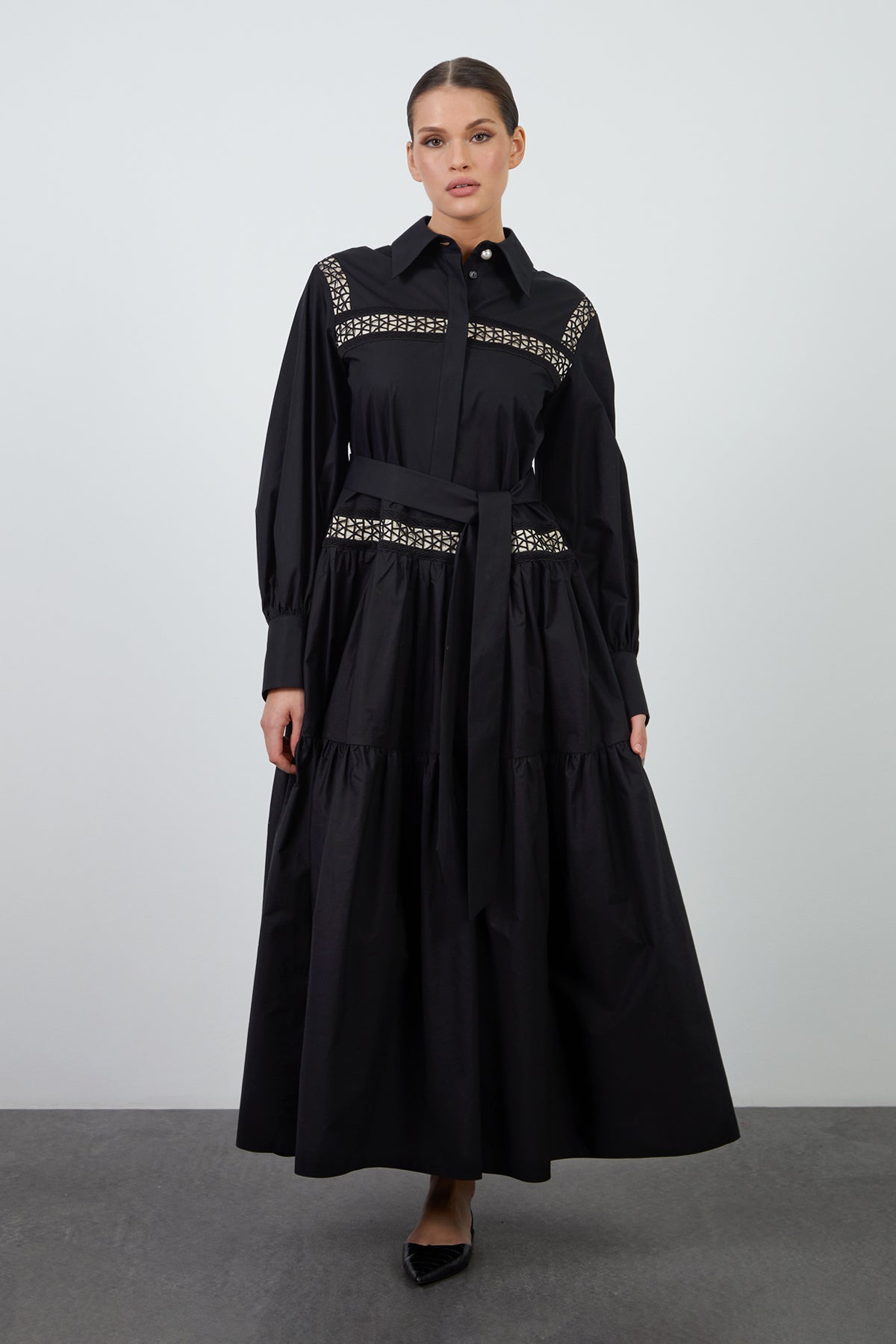 Dantel Şerit Detaylı Poplin Maxi Elbise