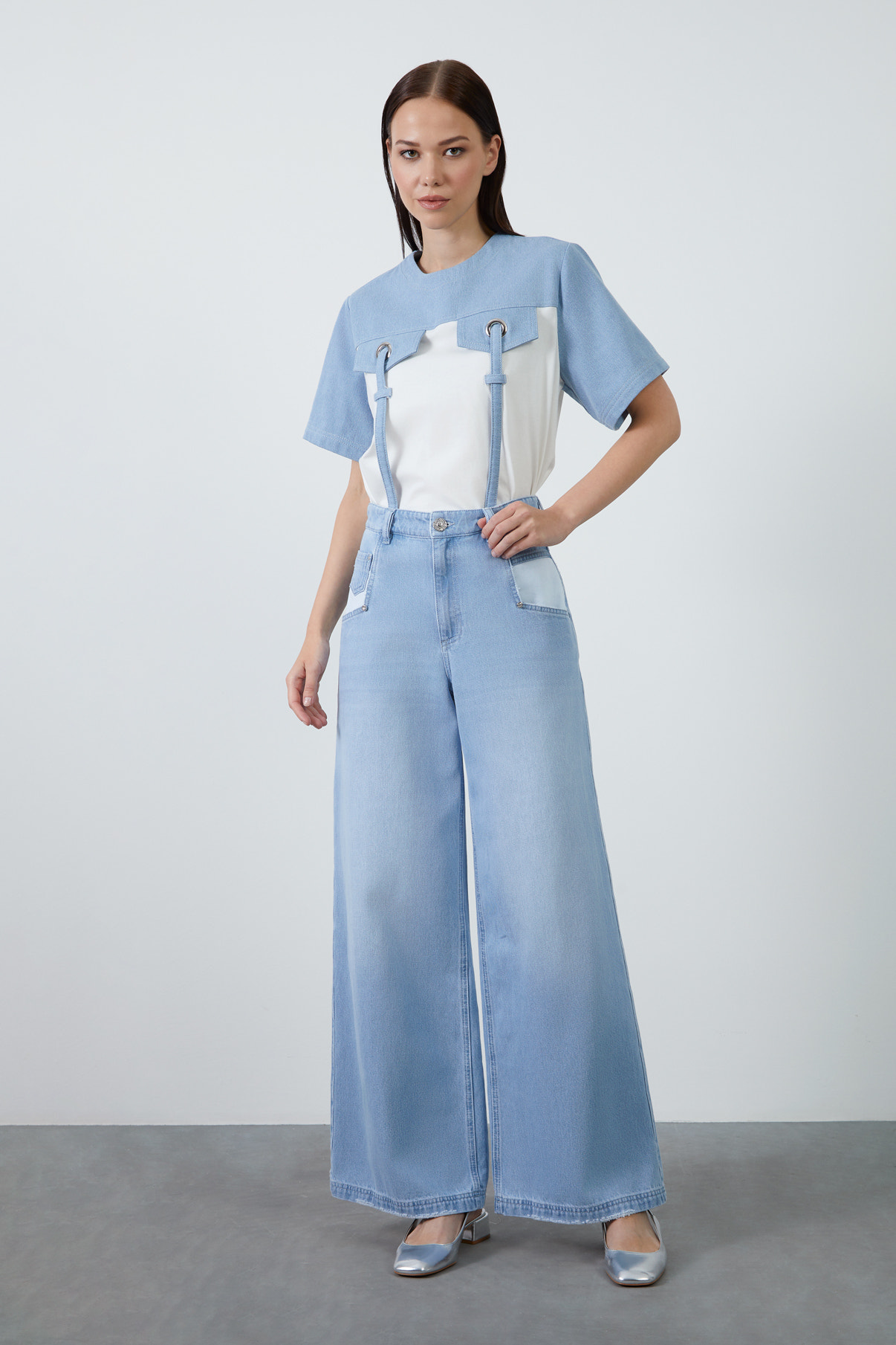 Metal Köprülü Palazzo Denim Pantolon