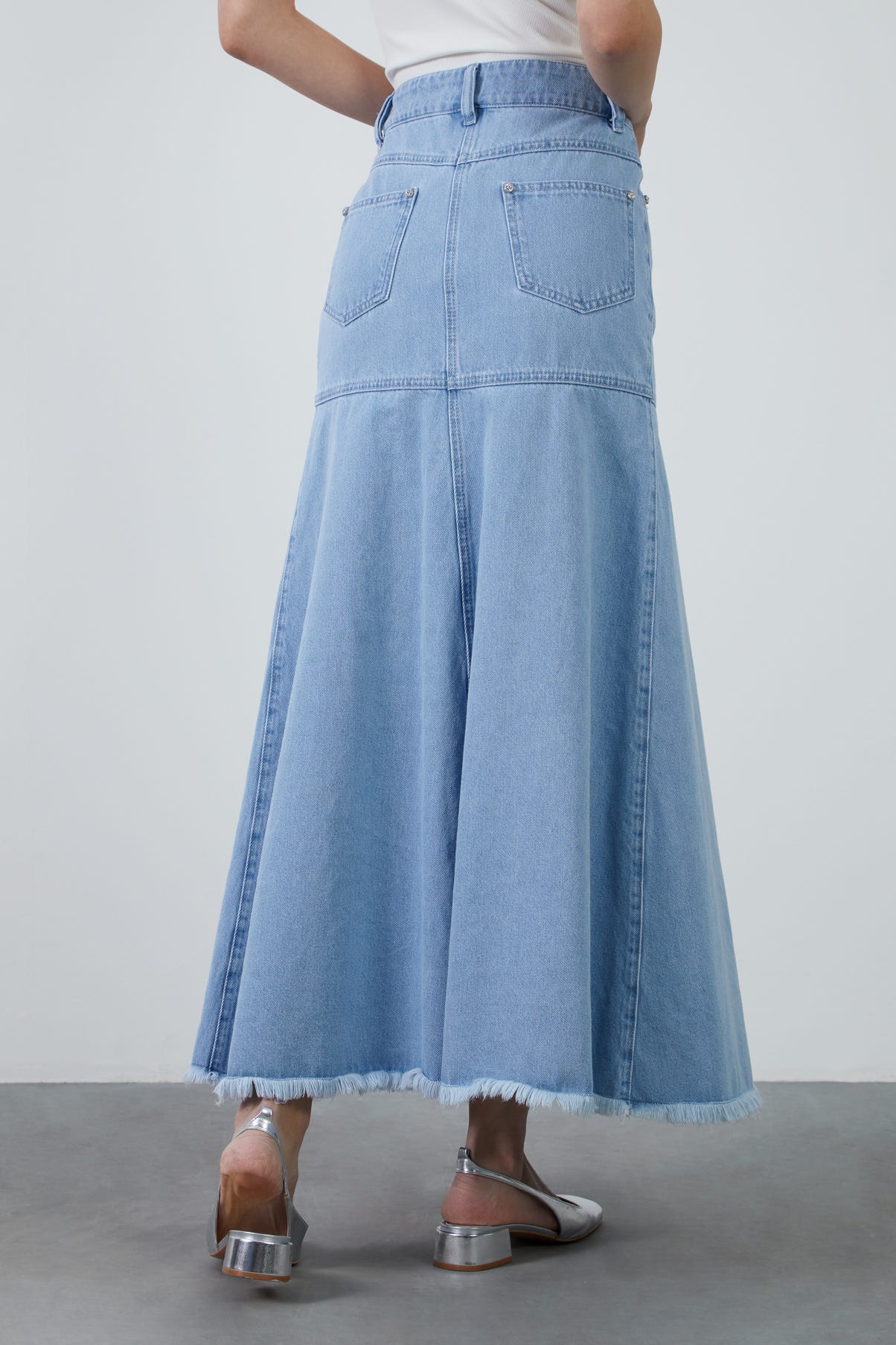 Yüksek Bel Kloş Uzun Denim Etek