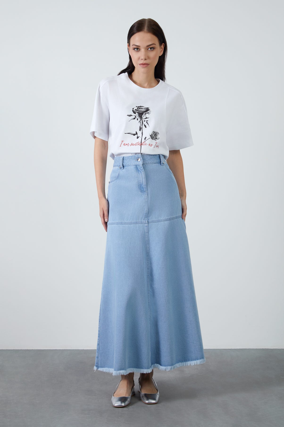 Yüksek Bel Kloş Uzun Denim Etek