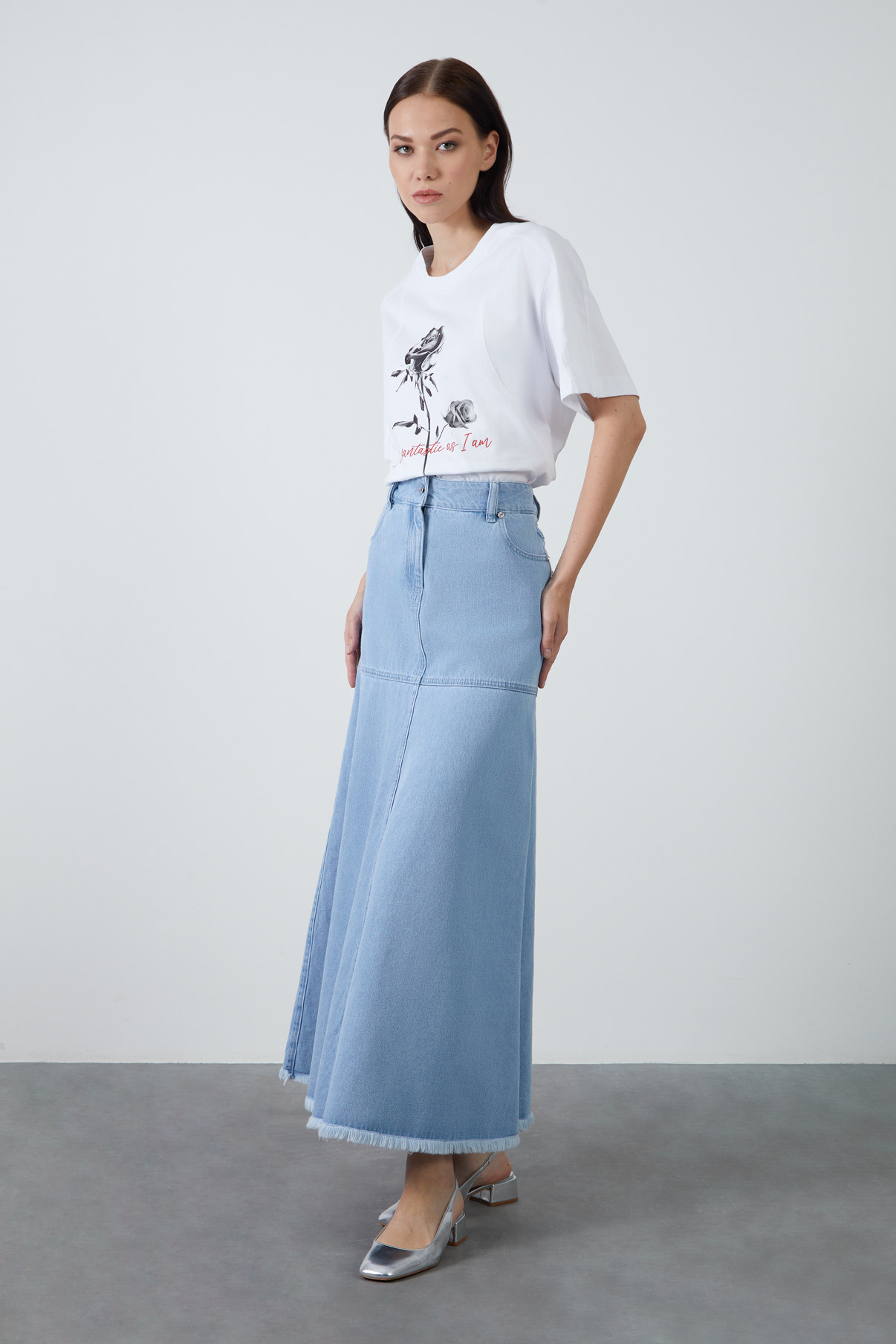 Yüksek Bel Kloş Uzun Denim Etek