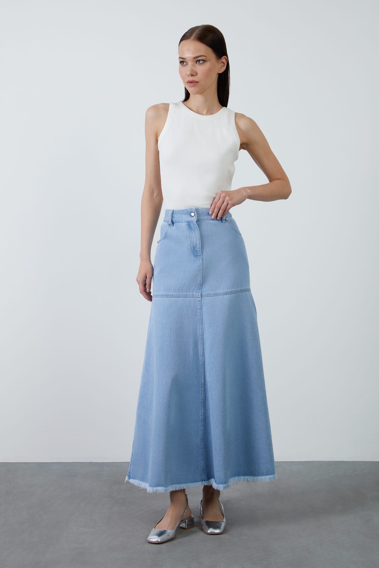 Yüksek Bel Kloş Uzun Denim Etek