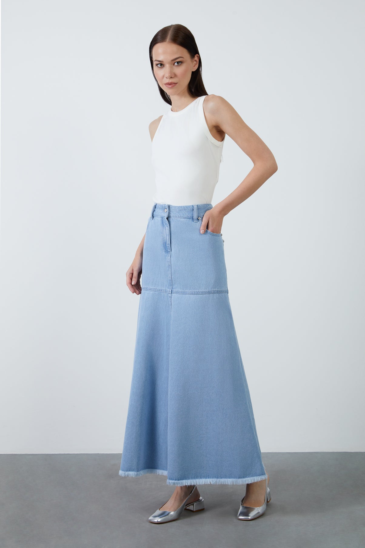 Yüksek Bel Kloş Uzun Denim Etek