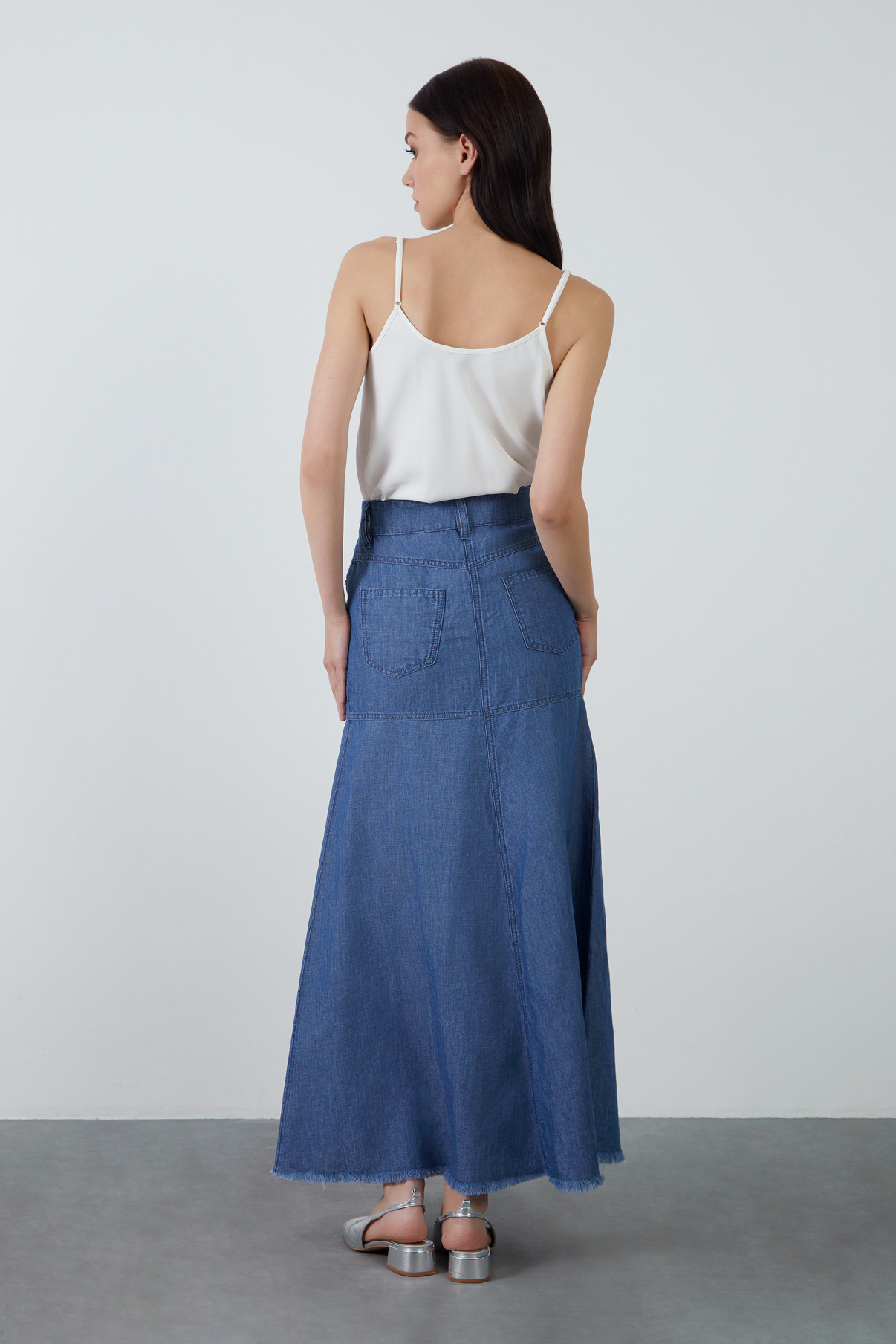 Yüksek Bel Kloş Uzun Koyu Denim Etek