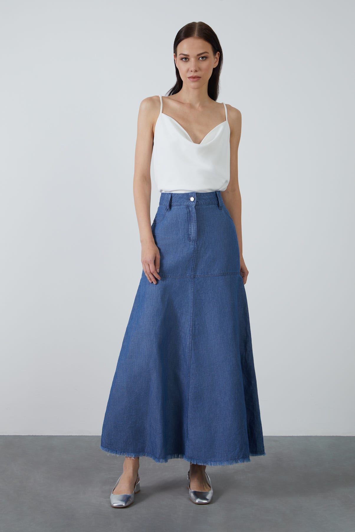 Yüksek Bel Kloş Uzun Koyu Denim Etek