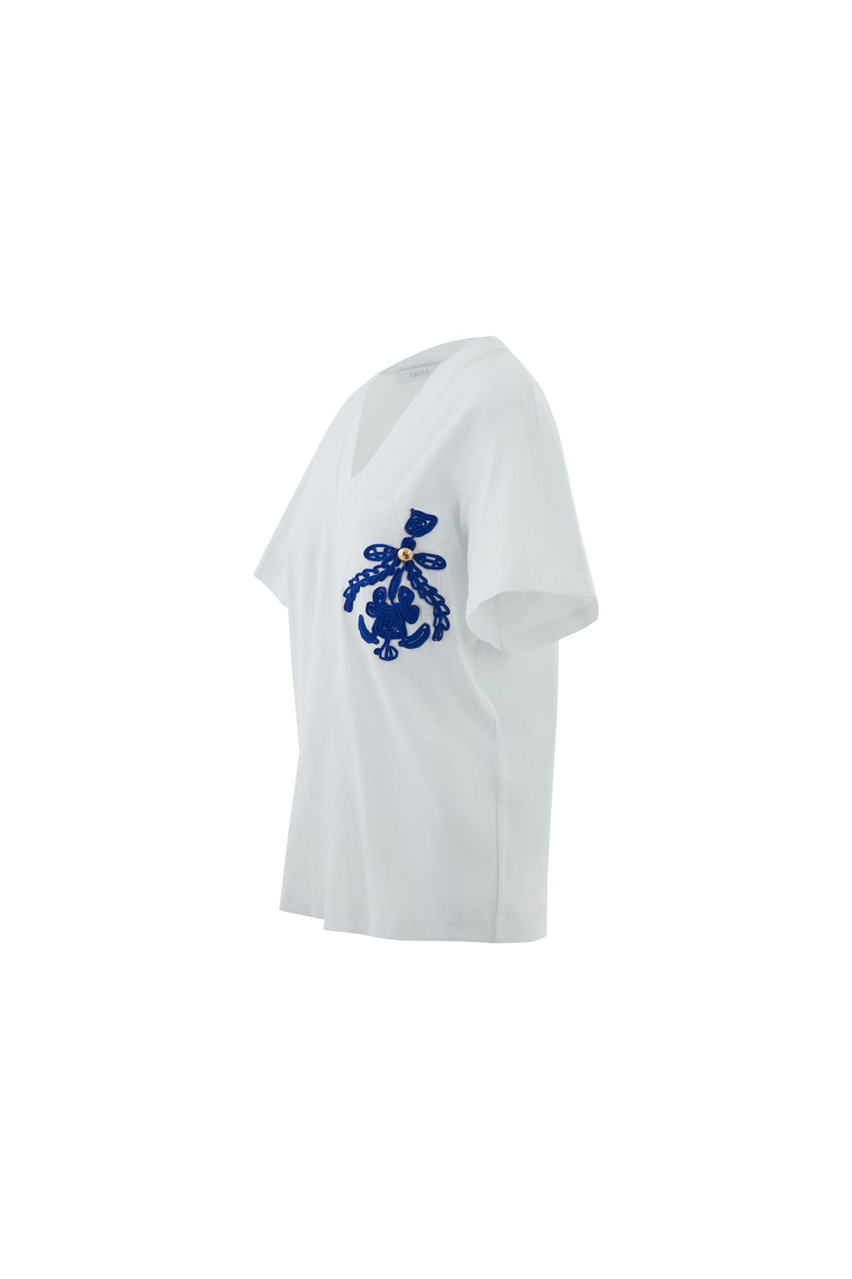 Cep Üstü Nakış Detaylı V Yaka T-shirt