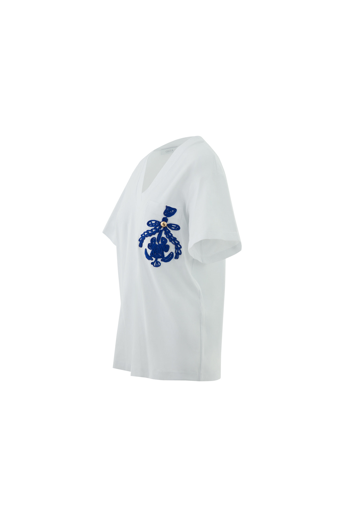 Cep Üstü Nakış Detaylı V Yaka T-shirt