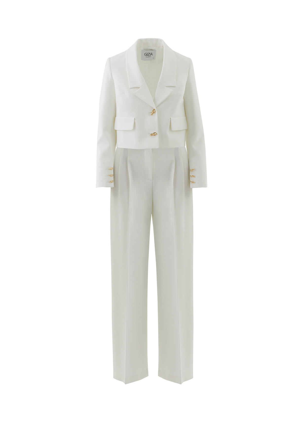 Aksesuar Detaylı Kısa Ceket Palazzo Pantolonlu Takım