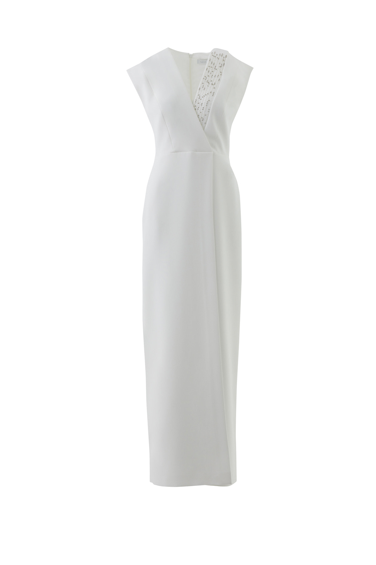 Yakası İşlemeli Önden Yırtmaçlı Somon Rengi Uzun Elbise