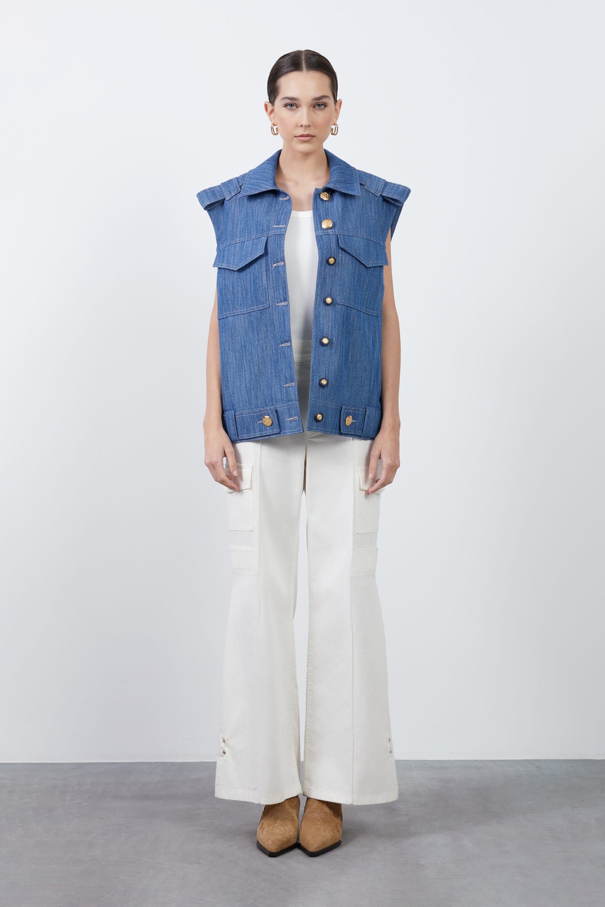 Cep Detaylı Denim Yelek