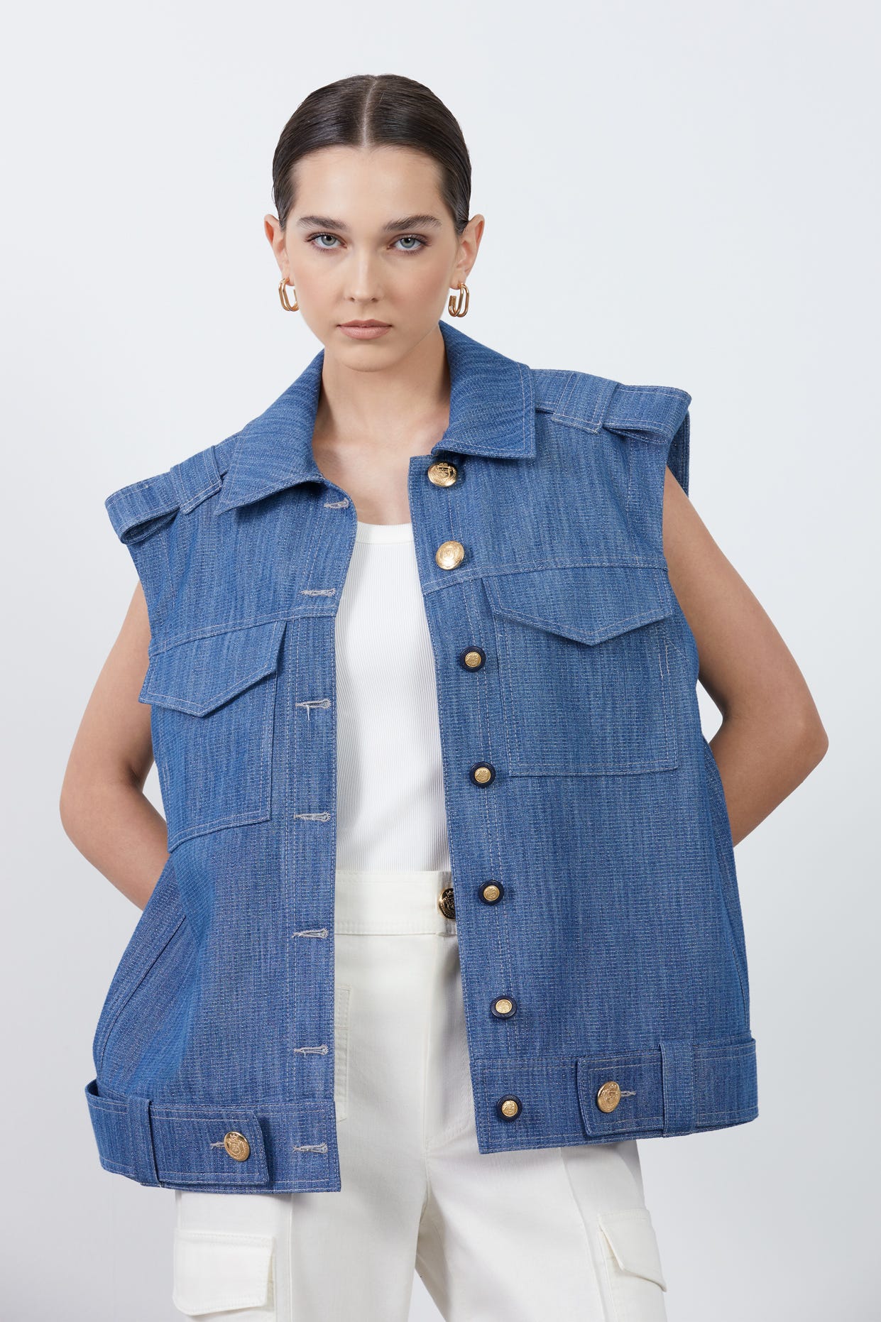 Cep Detaylı Denim Yelek