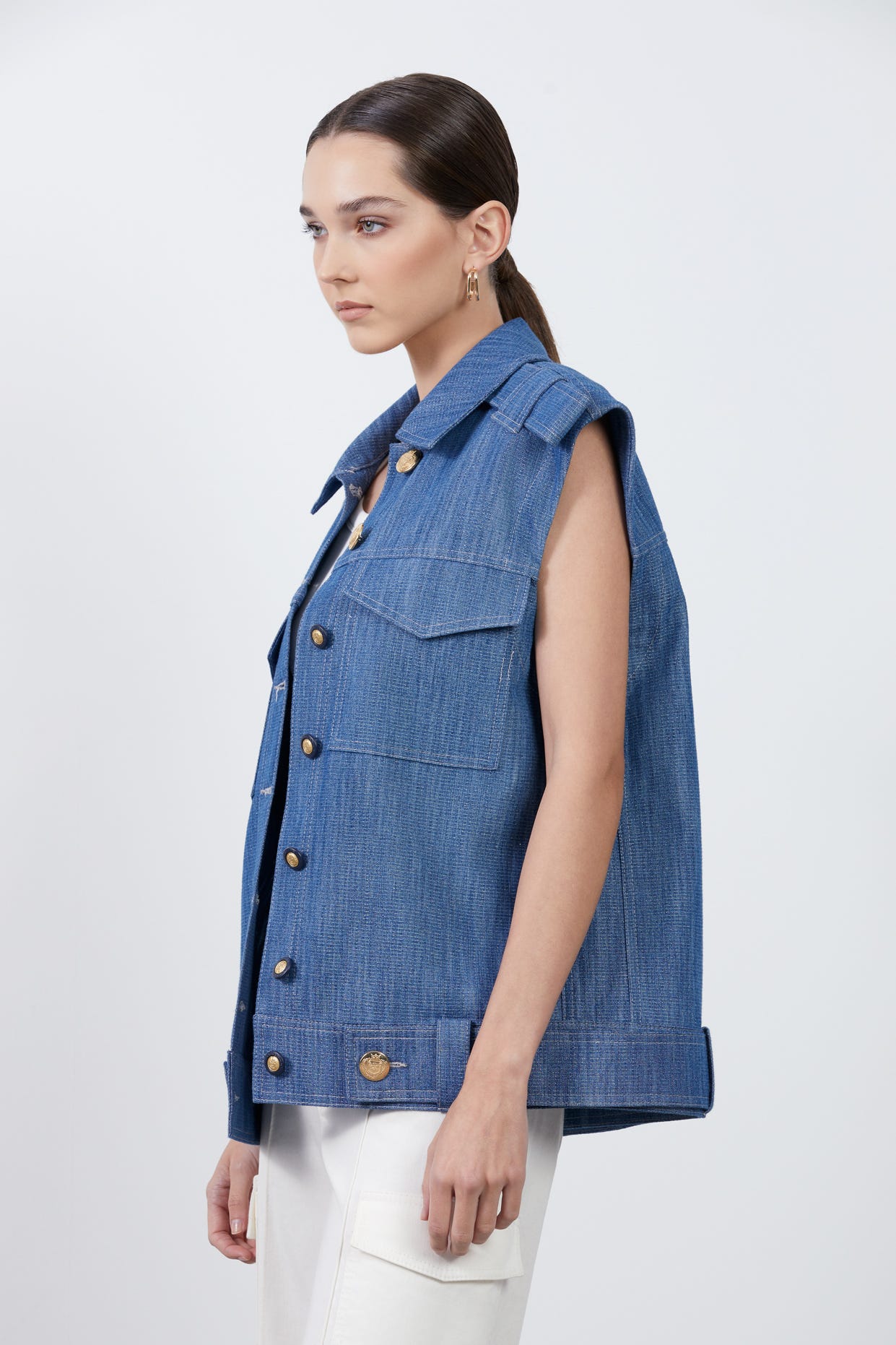 Cep Detaylı Denim Yelek