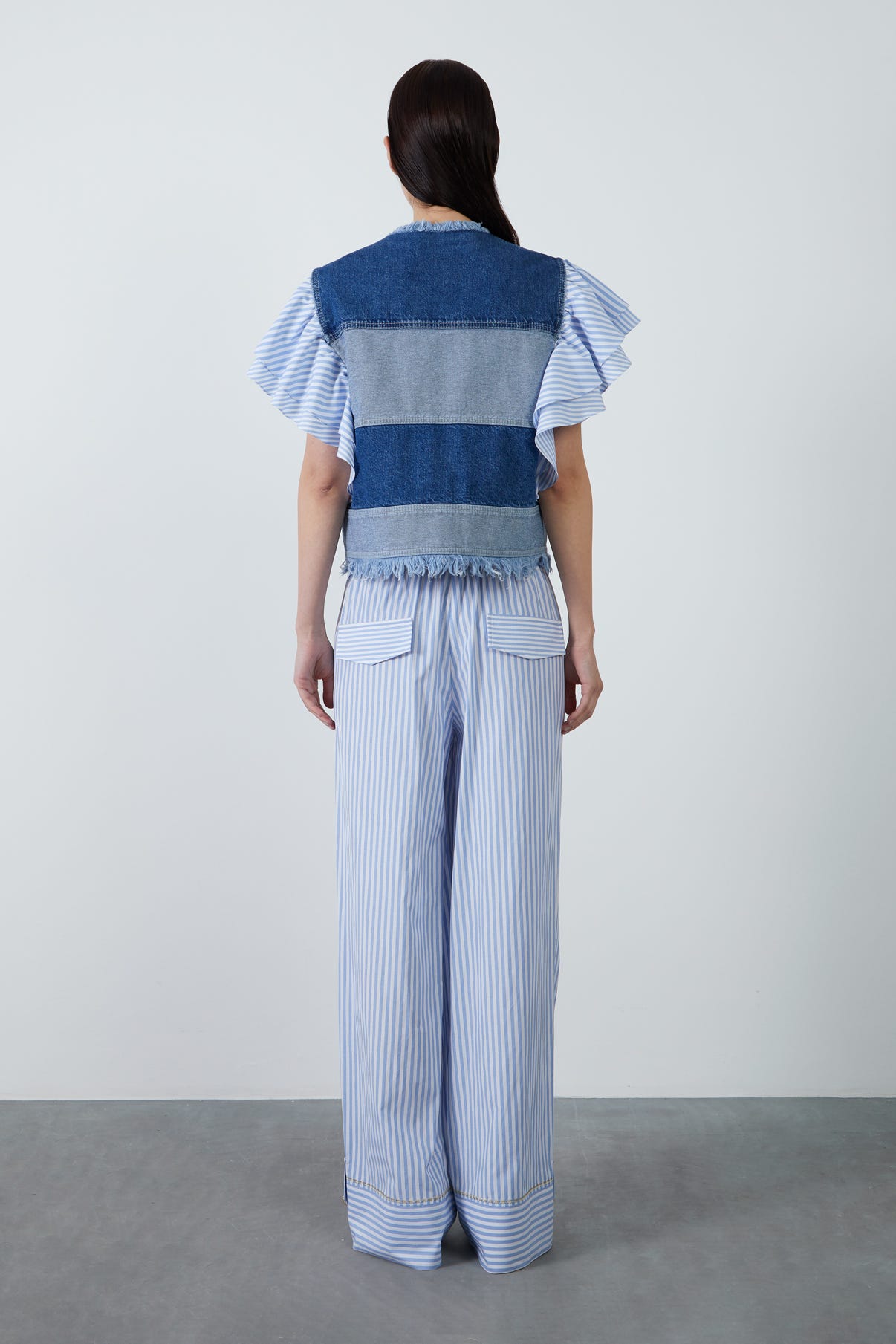 Çizgili Kol Detaylı Denim Yelek