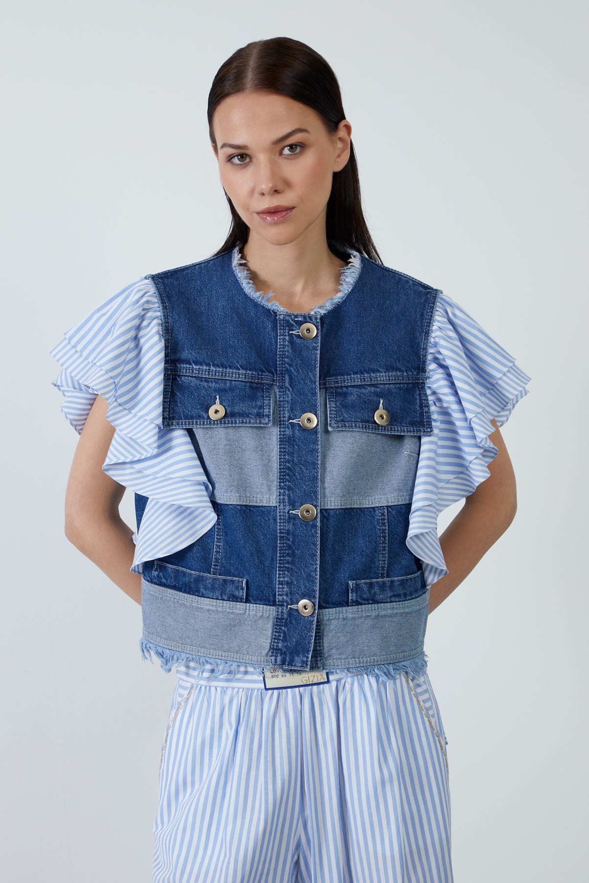 Çizgili Kol Detaylı Denim Yelek