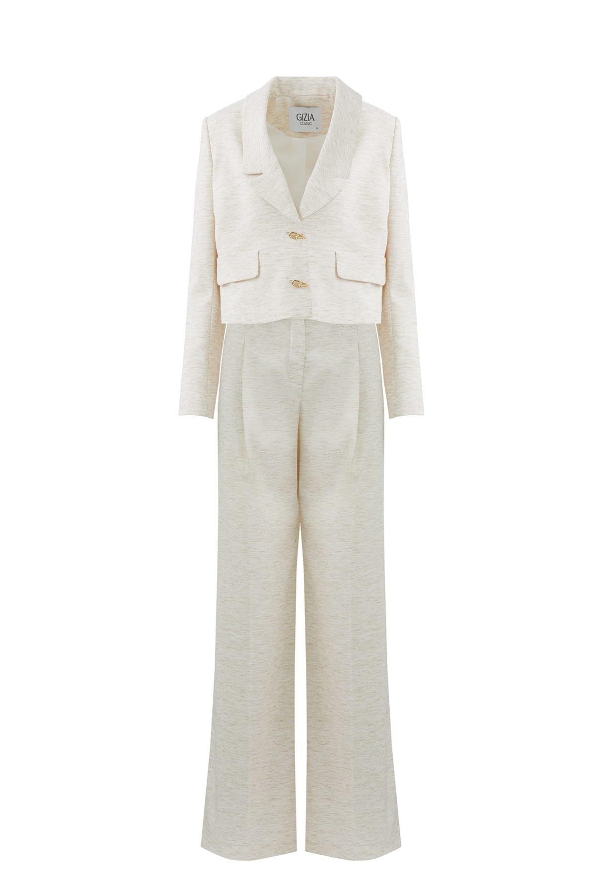 Aksesuar Detaylı Kısa Ceket Ve Palazzo Pantolonlu Takım