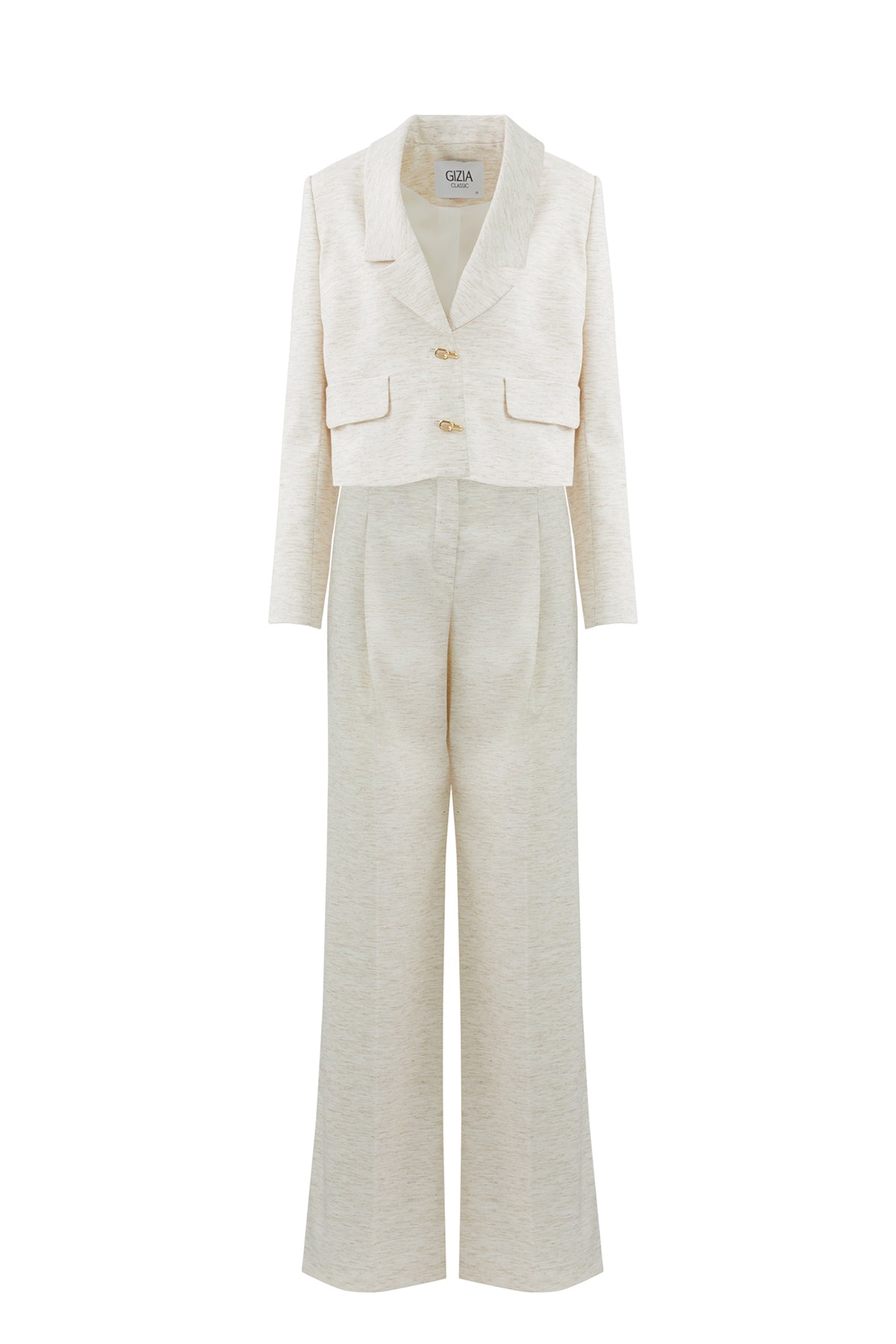 Aksesuar Detaylı Kısa Ceket Ve Palazzo Pantolonlu Takım