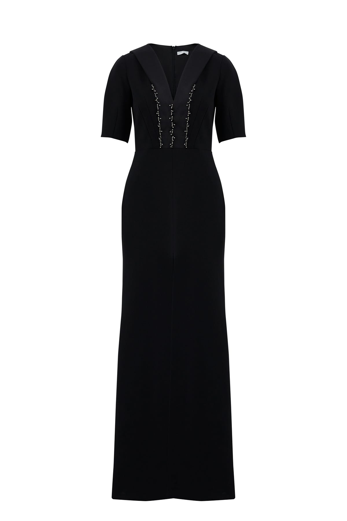 Boyundan Bağlama Detaylı İşlemeli V Yaka Uzun Elbise