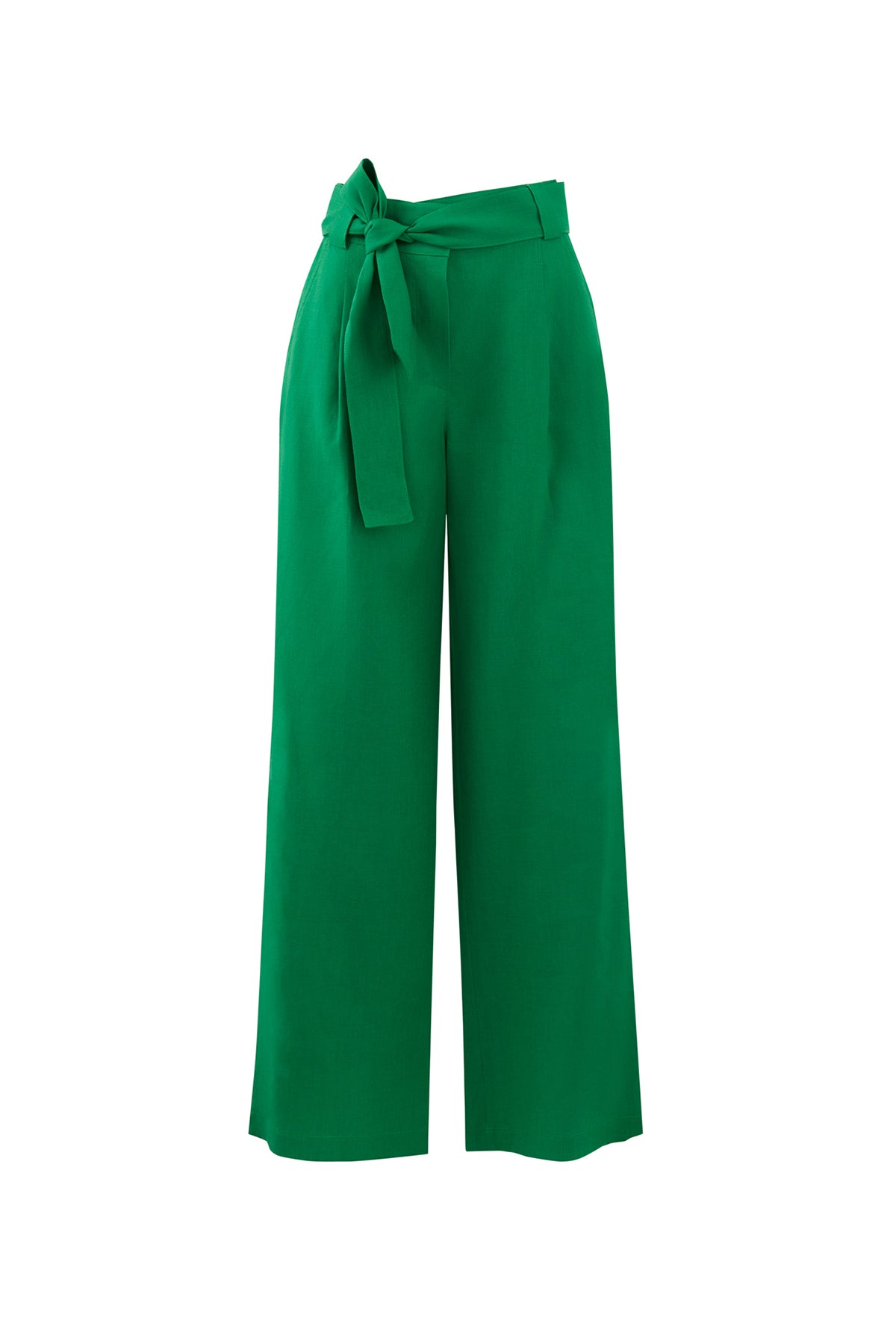 Kuşaklı Bol Paça Keten Yeşil Pantolon