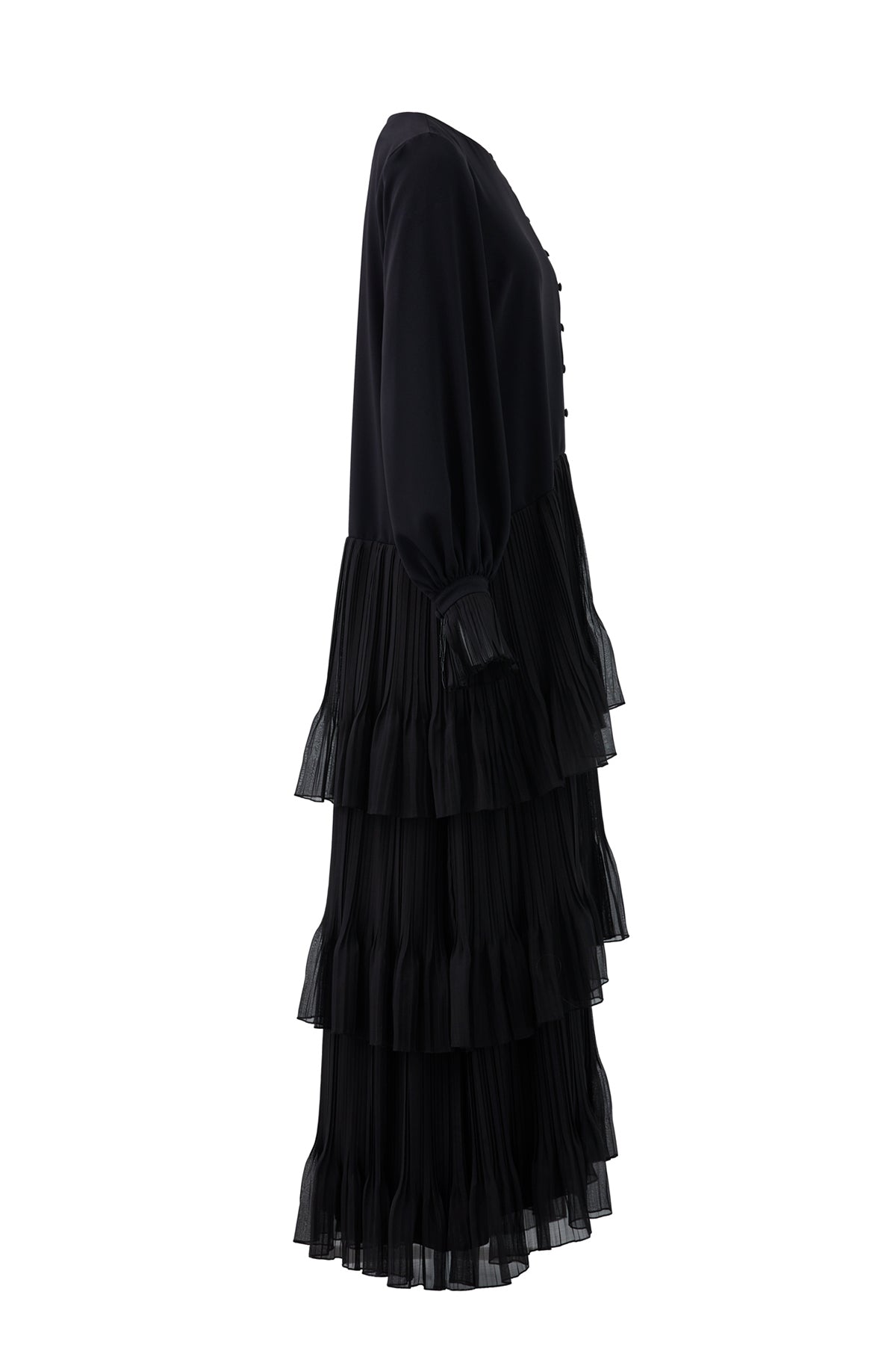 Düğme Detaylı Etekucu Piliseli Uzun Elbise