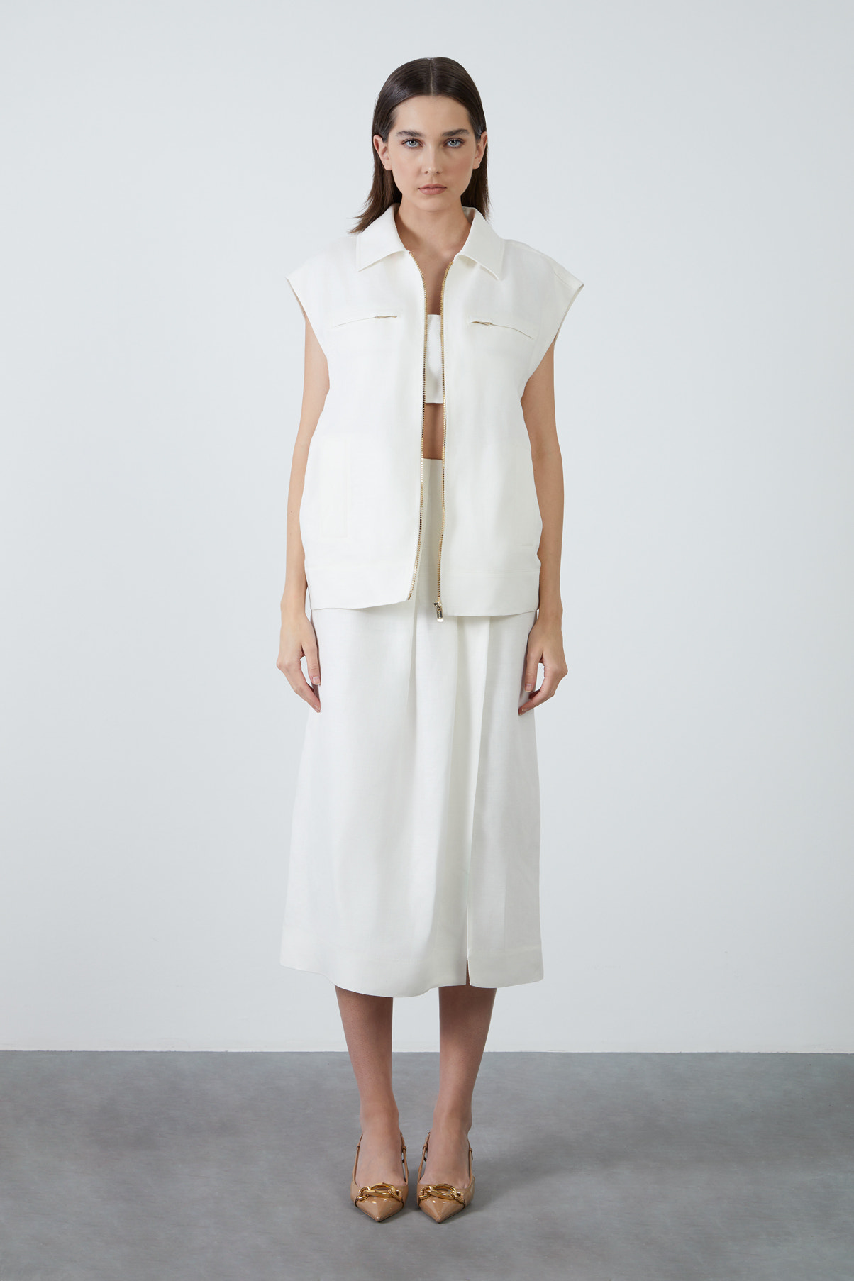 Gömlek Yakalı Sıfır Kol Fermuarlı Yelek