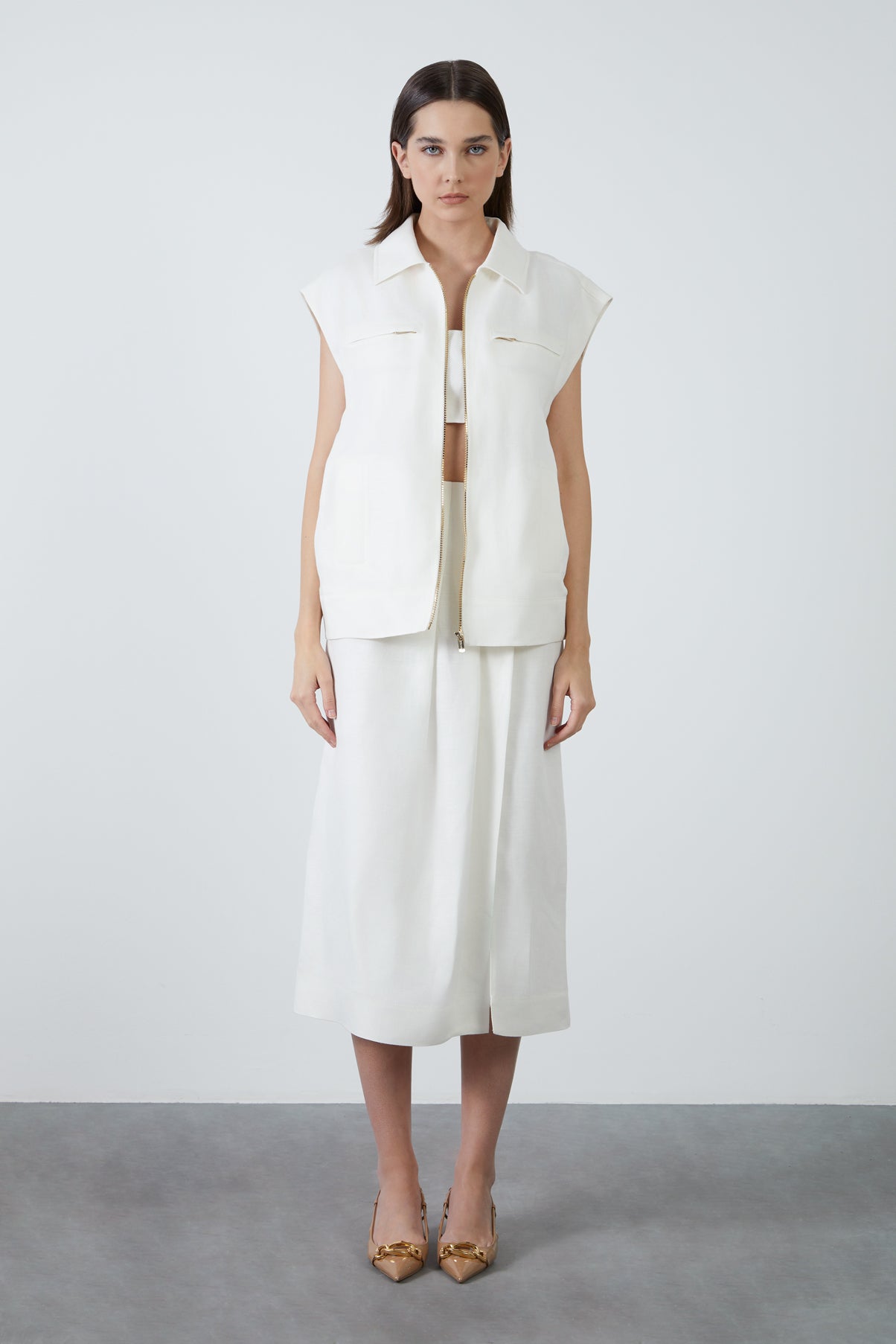 Gömlek Yakalı Sıfır Kol Fermuarlı Yelek