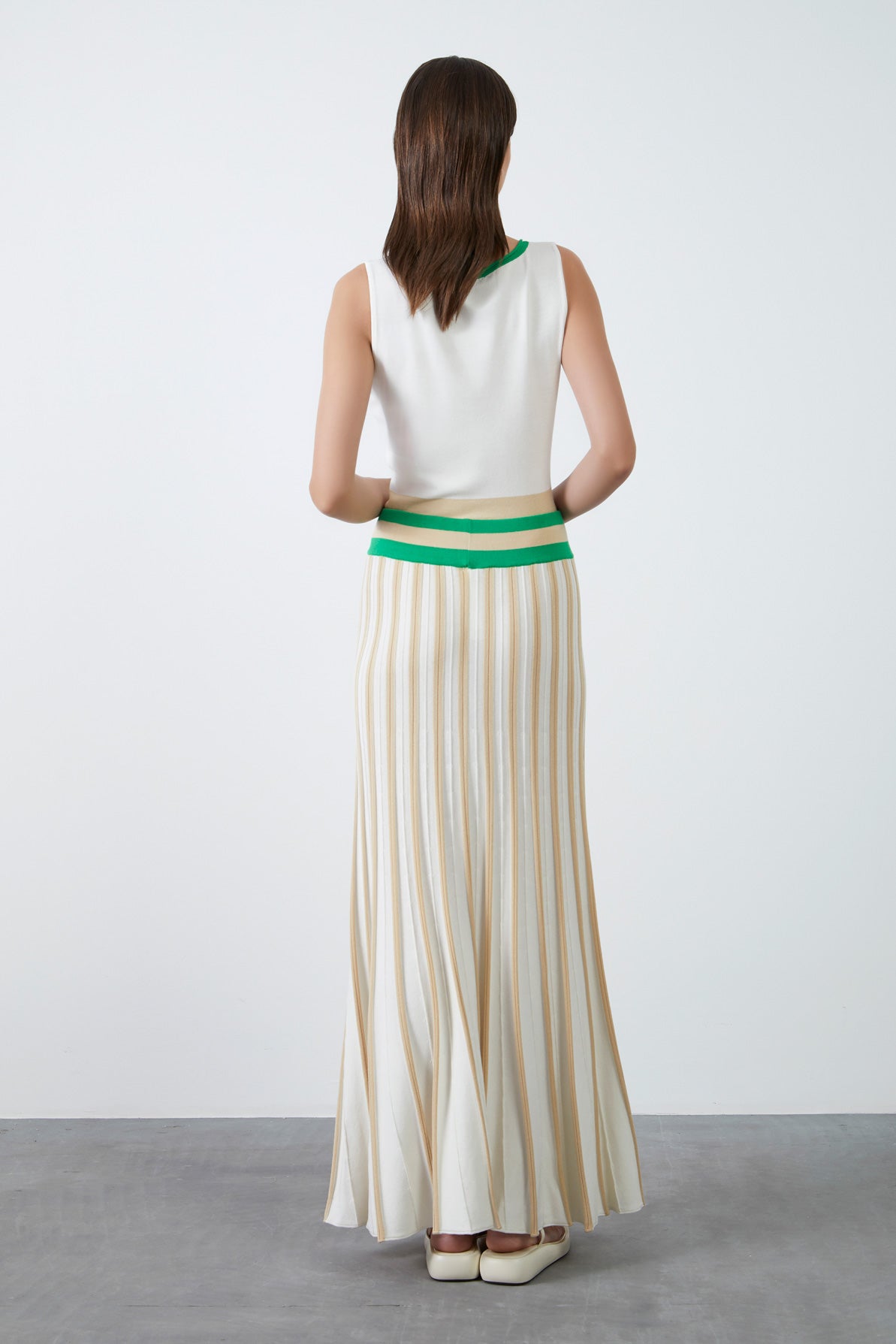 Beli Lastikli Çizgili Triko Etek