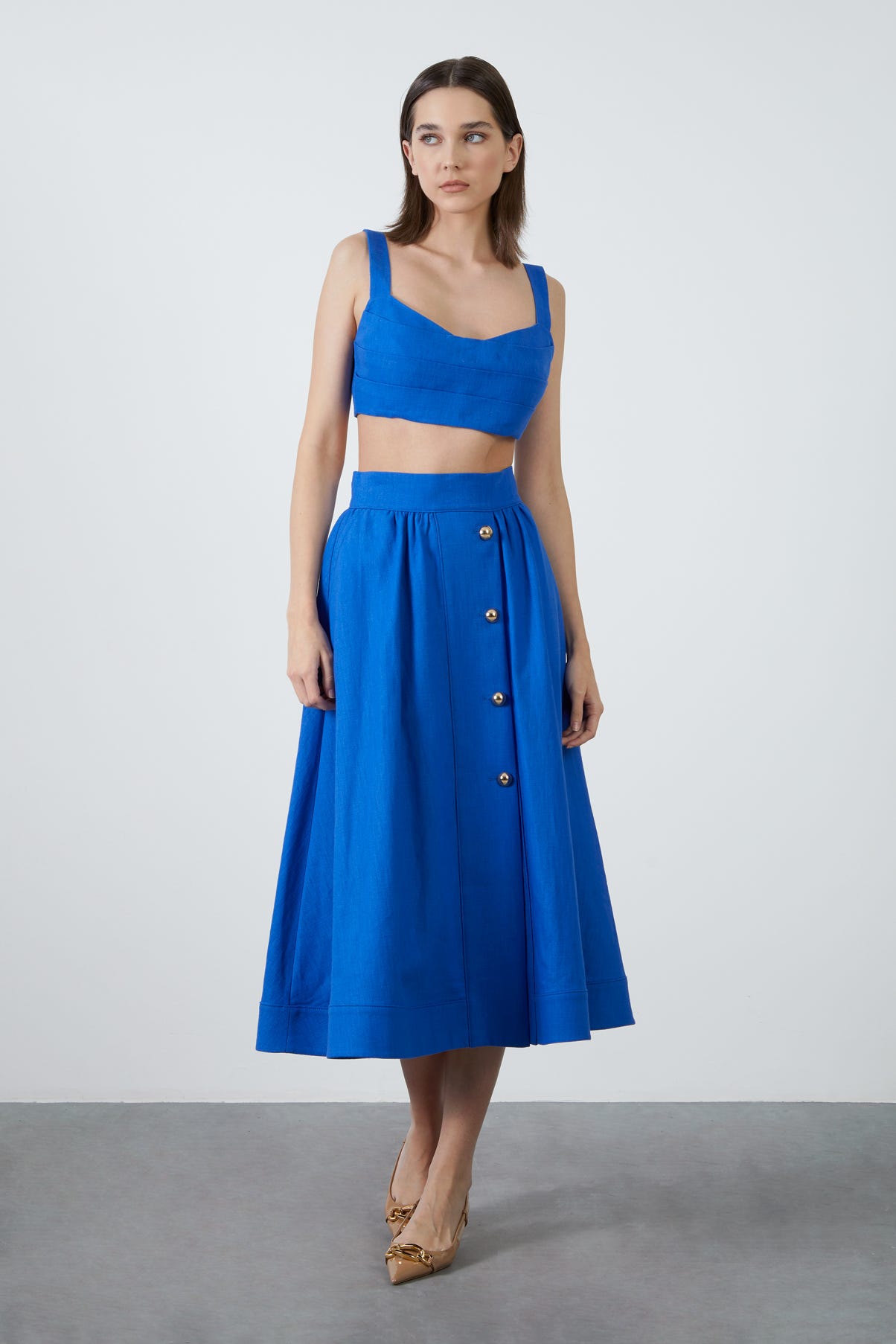 Askılı V Yaka Saks Mavisi Crop