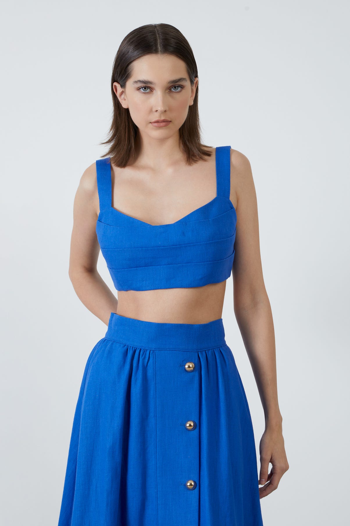 Askılı V Yaka Saks Mavisi Crop