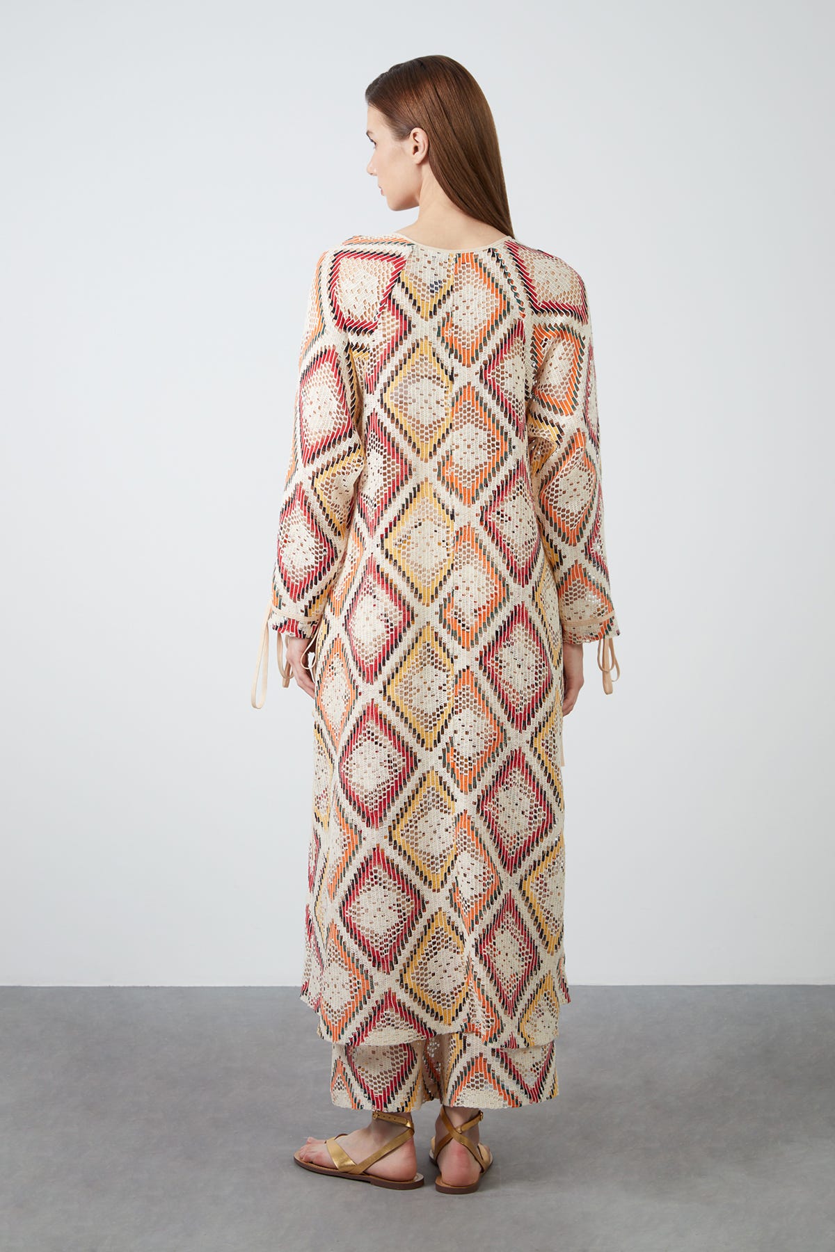 Etnik Desenli Transparan Uzun Elbise