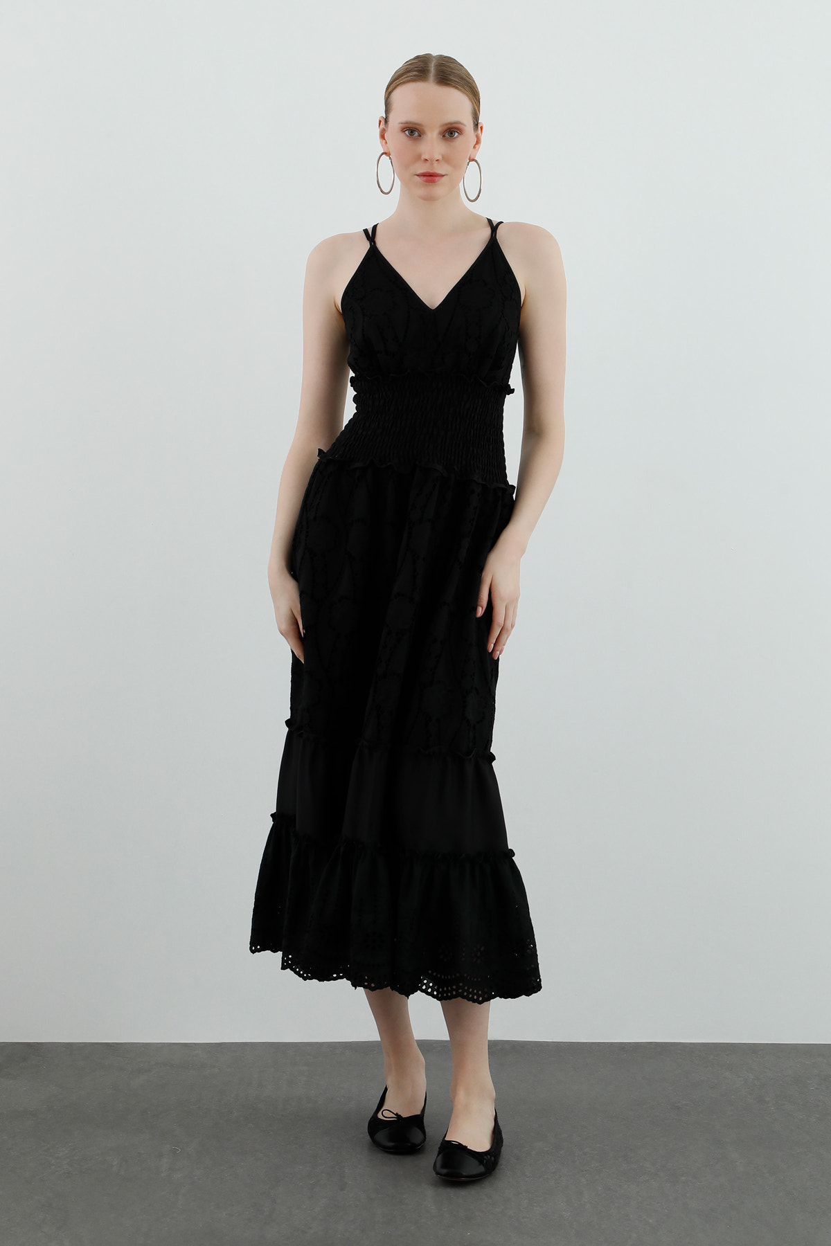 Sırtı Çapraz Askılı Midi Elbise